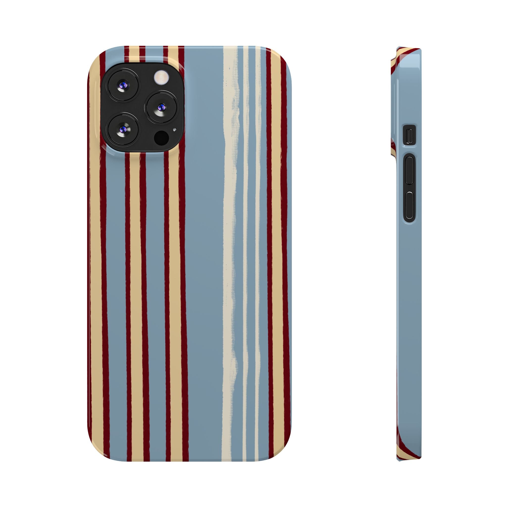 Retro Striped Slim Phone Case — Blue, Cream & Burgundy Vertical Lines