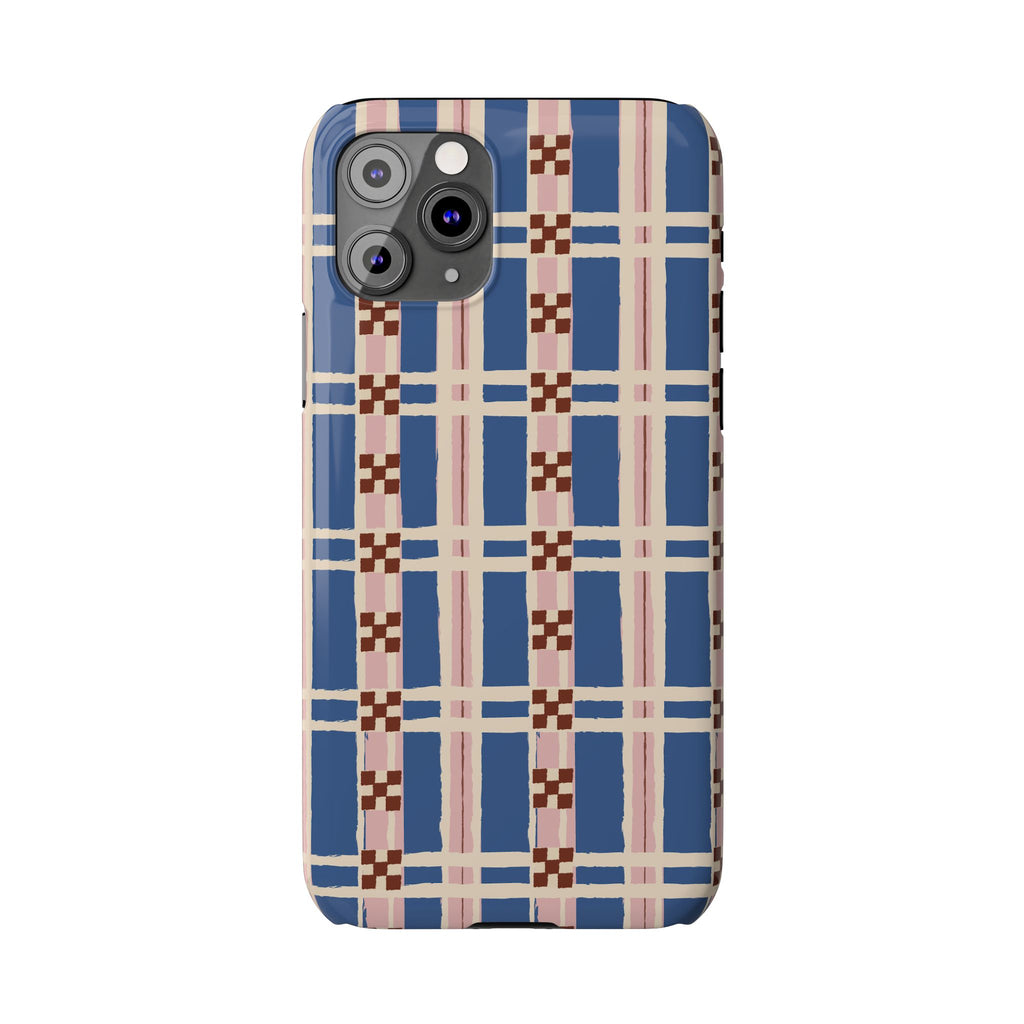 Slim Phone Case — Blue & Pink Retro Plaid Pattern