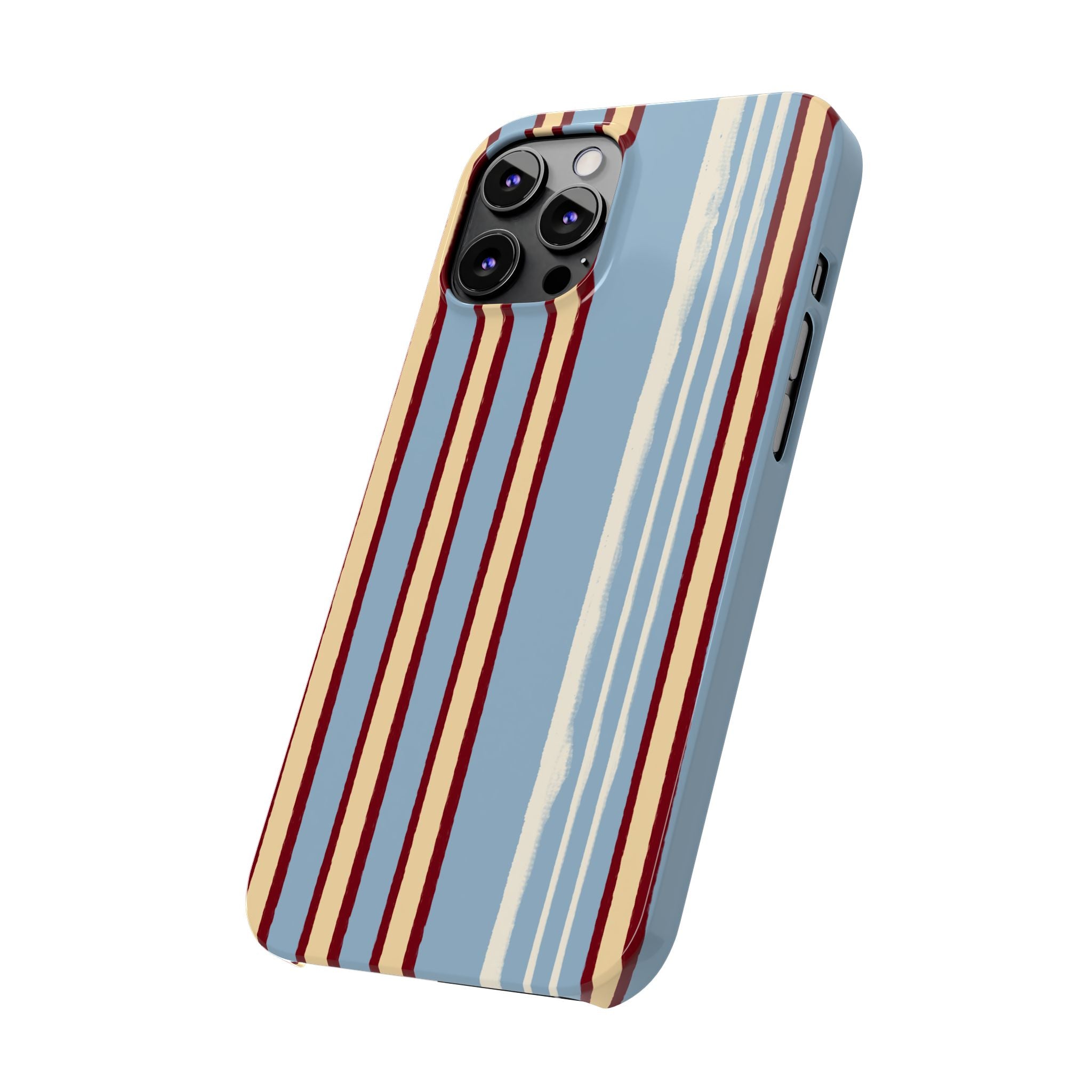 Retro Striped Slim Phone Case — Blue, Cream & Burgundy Vertical Lines
