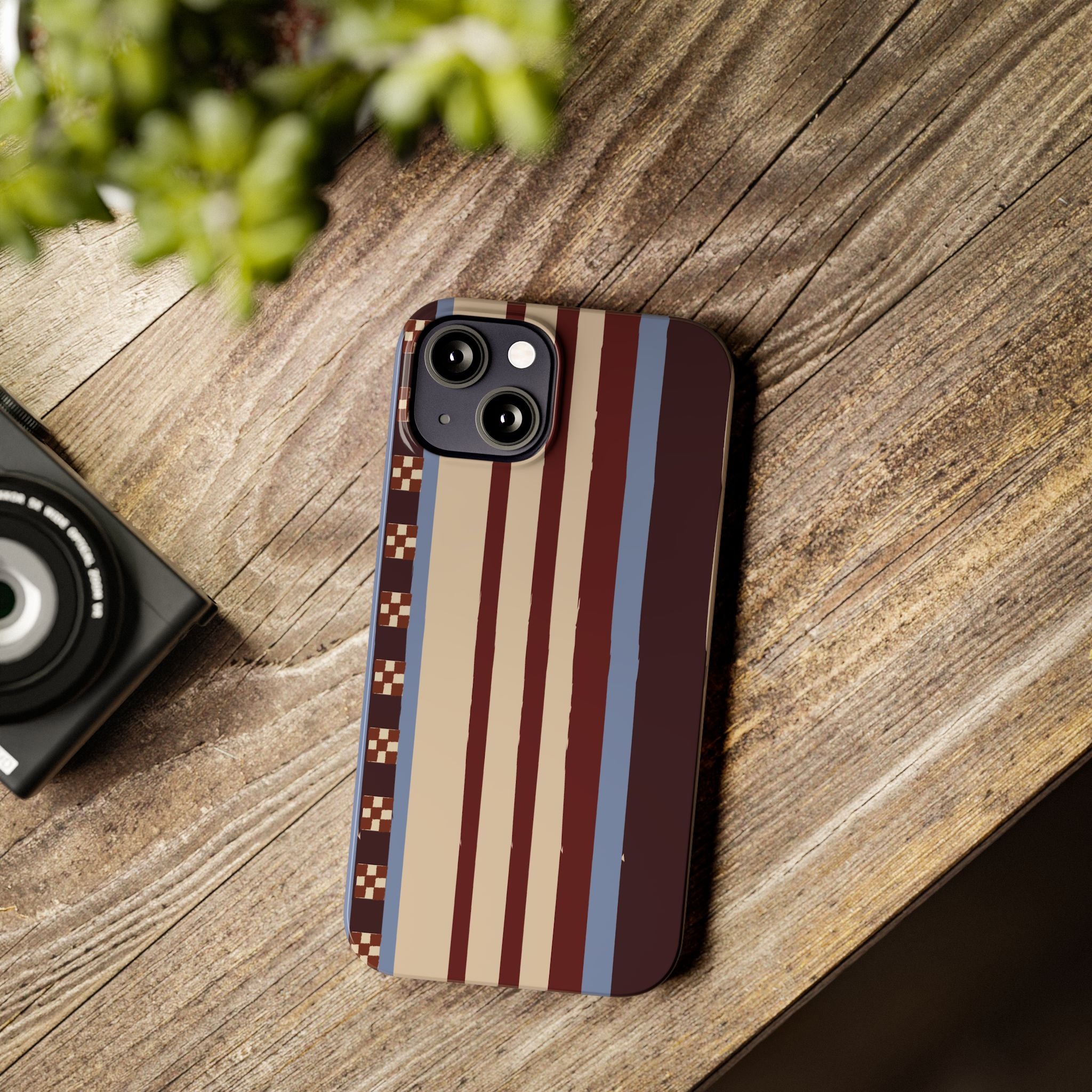 Slim Phone Case — Retro Striped Beige, Maroon & Blue Pattern