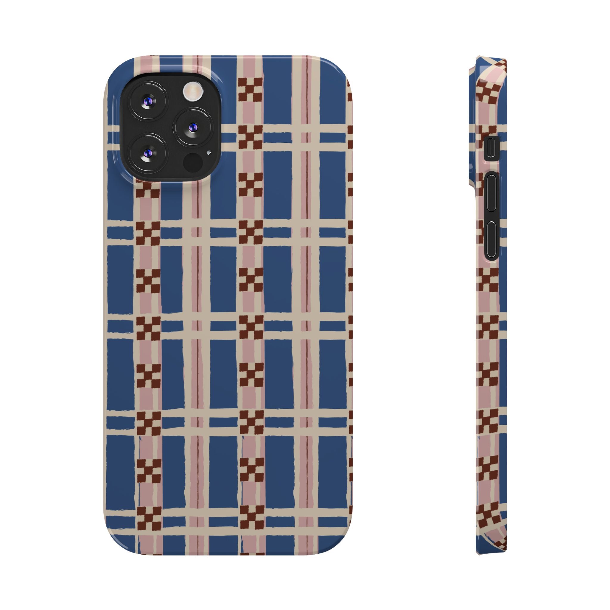 Slim Phone Case — Blue & Pink Retro Plaid Pattern