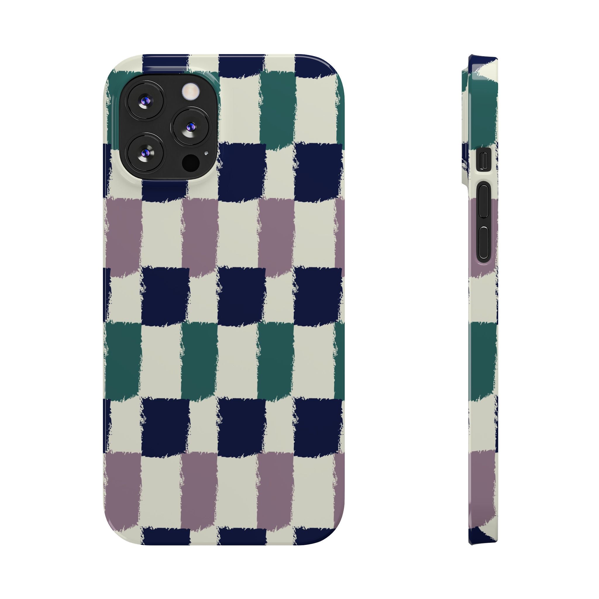 Painterly Check Slim Phone Case — Hand-Painted Navy, Teal & Lavender Grid