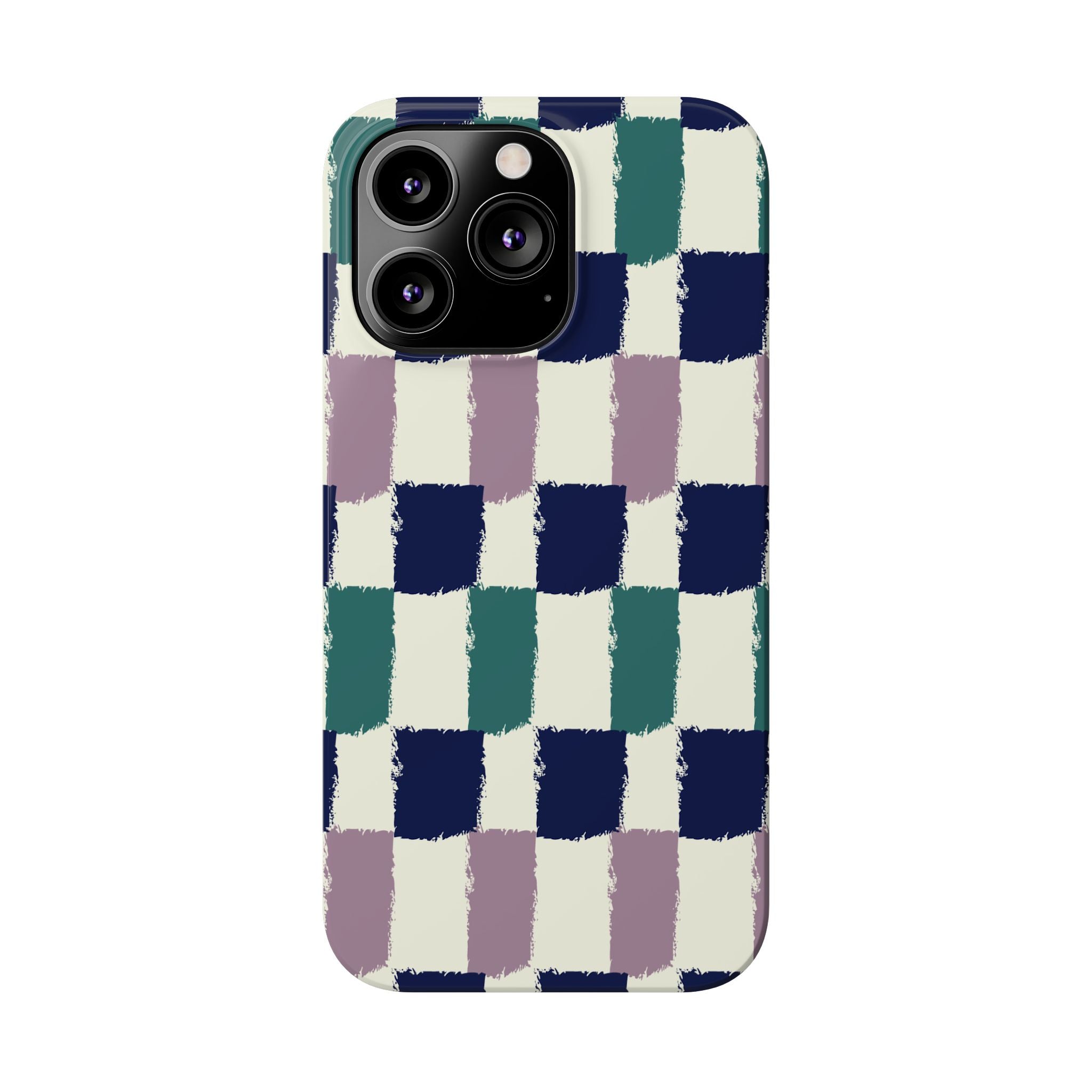 Painterly Check Slim Phone Case — Hand-Painted Navy, Teal & Lavender Grid