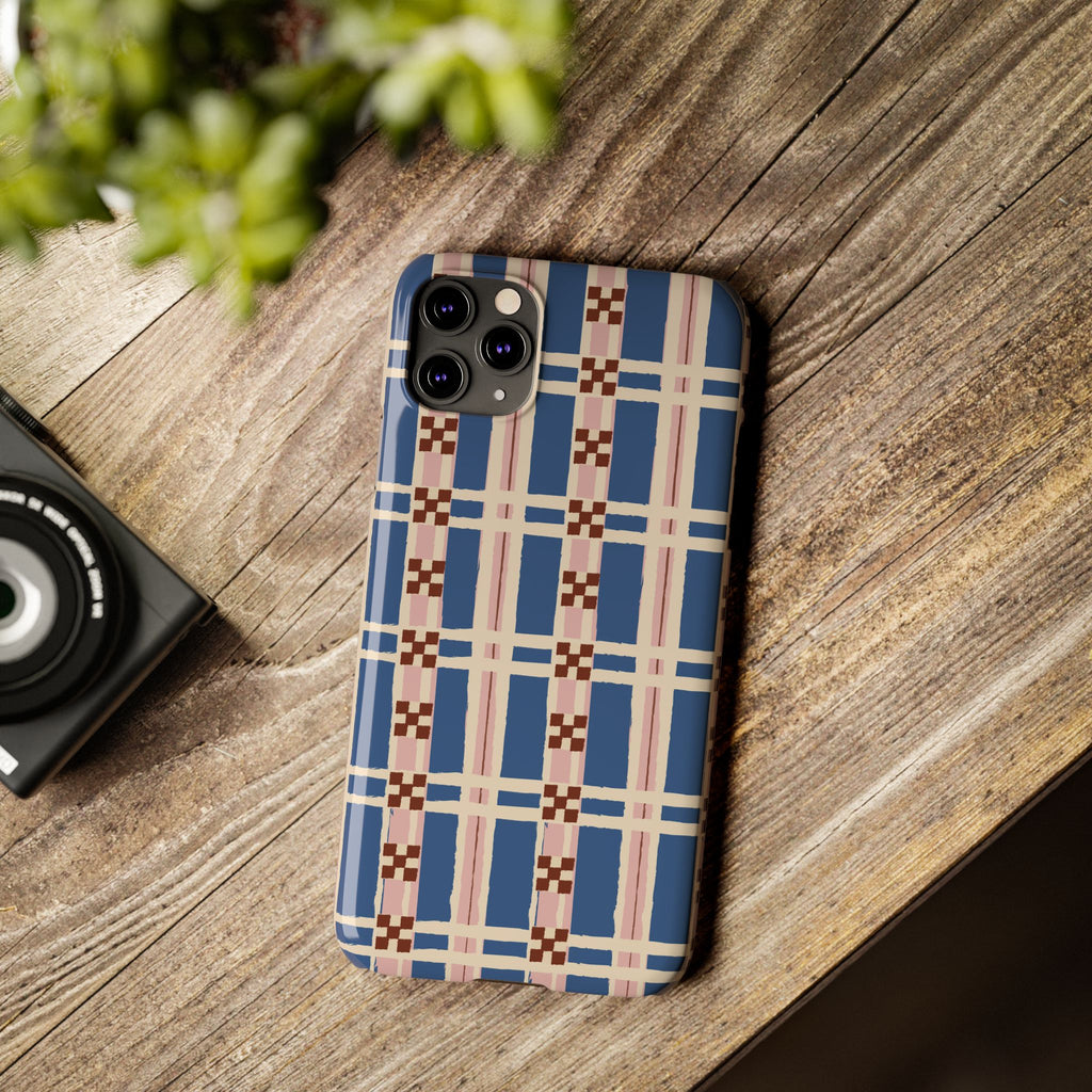 Slim Phone Case — Blue & Pink Retro Plaid Pattern