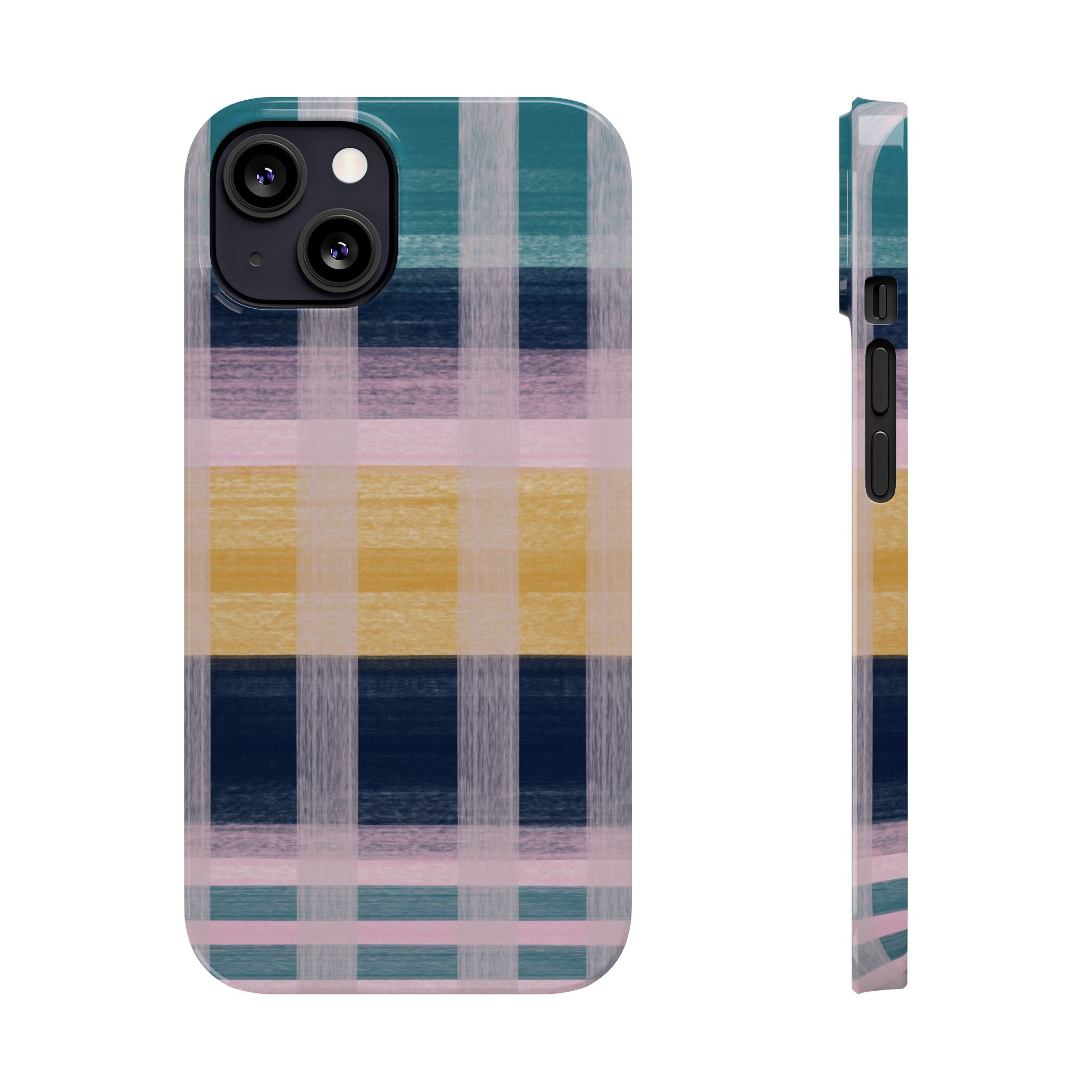 Plaid Brushstroke Slim Phone Case — Pastel Teal, Pink & Yellow Protective Cover SATC Inspired