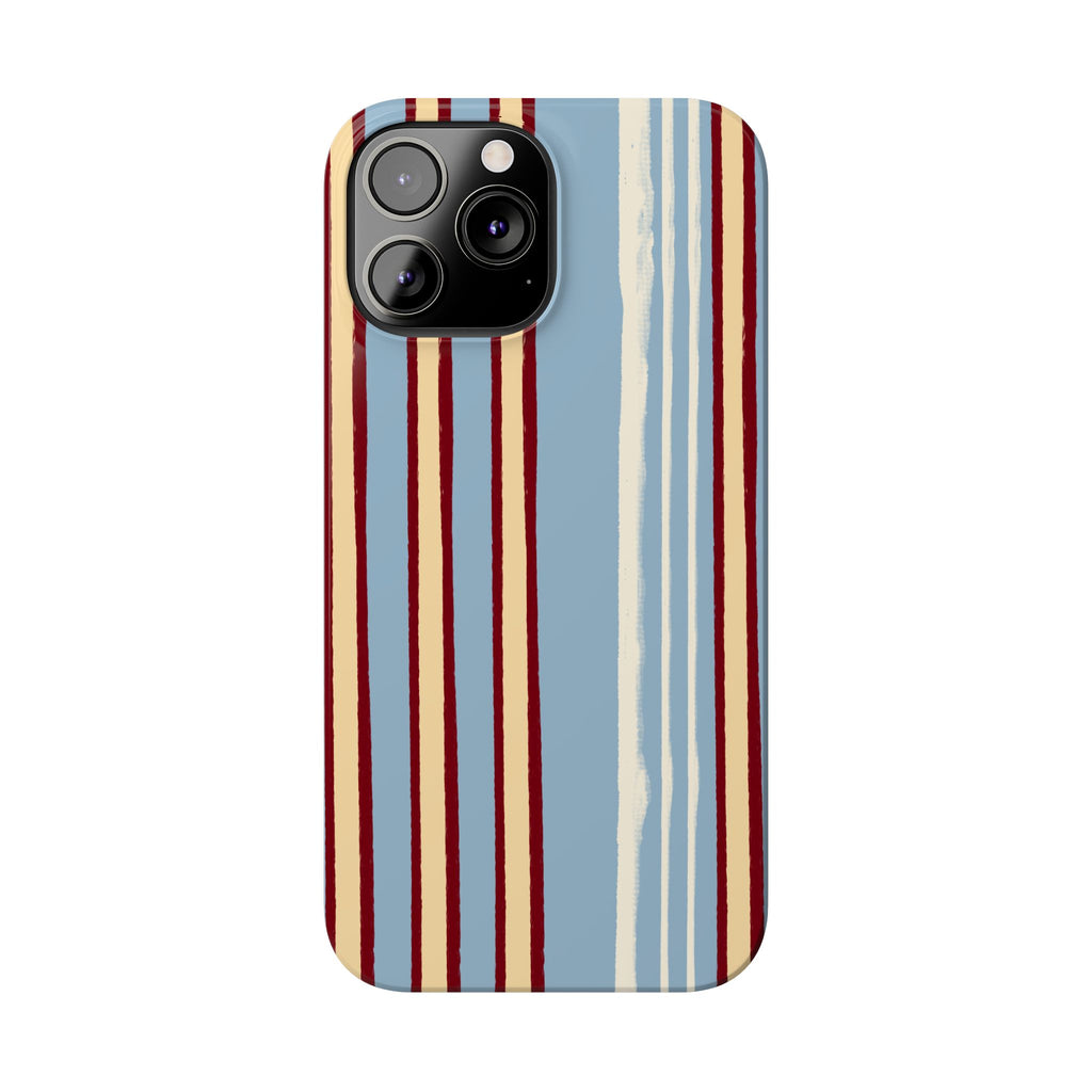 Retro Striped Slim Phone Case — Blue, Cream & Burgundy Vertical Lines