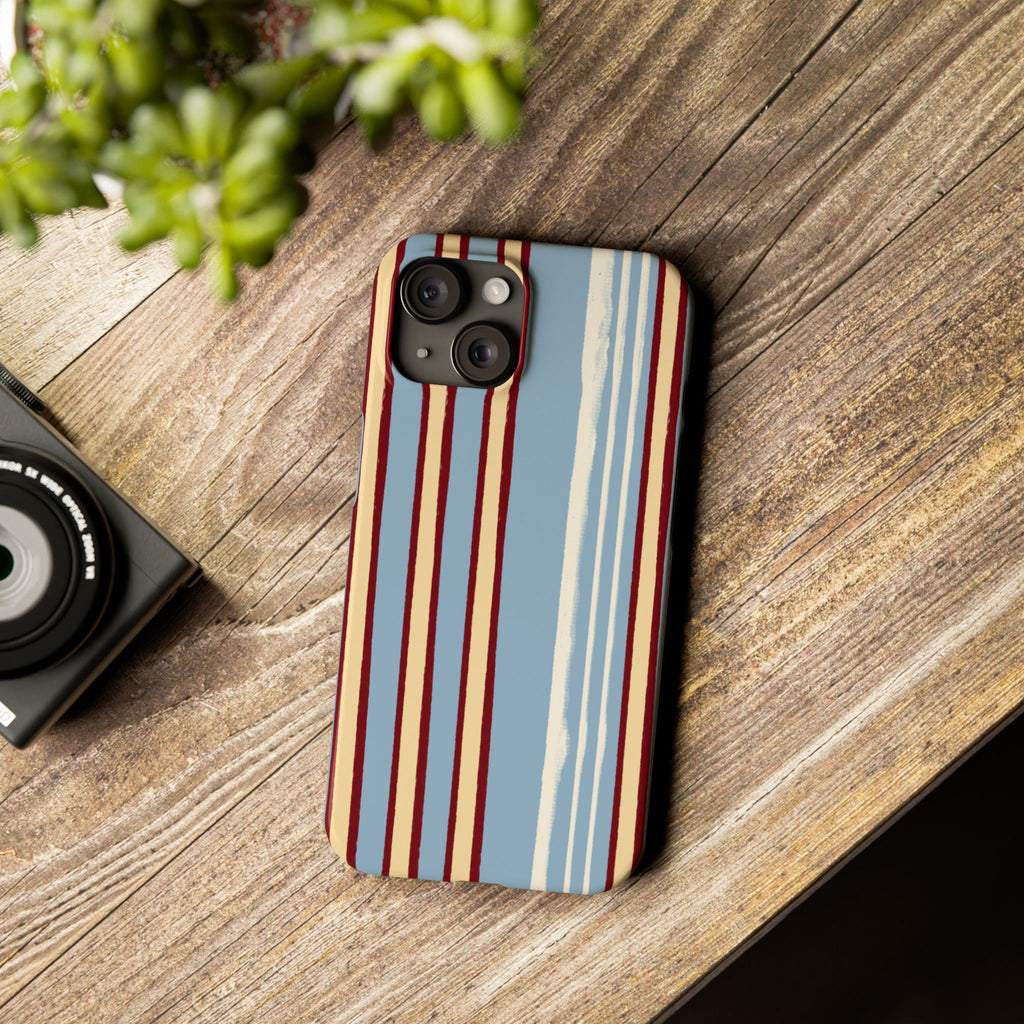 Retro Striped Slim Phone Case — Blue, Cream & Burgundy Vertical Lines