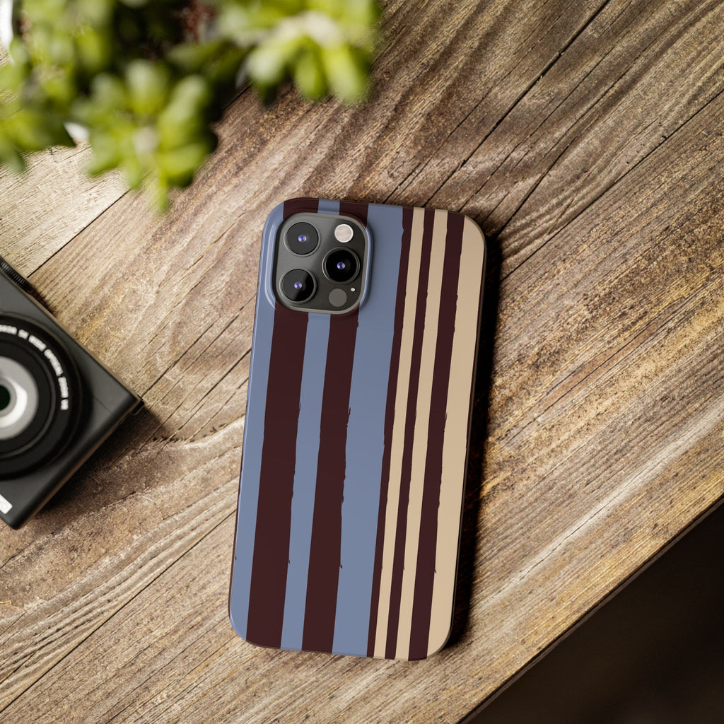 Retro Striped Slim Phone Case — Blue, Brown & Cream Vertical Stripes