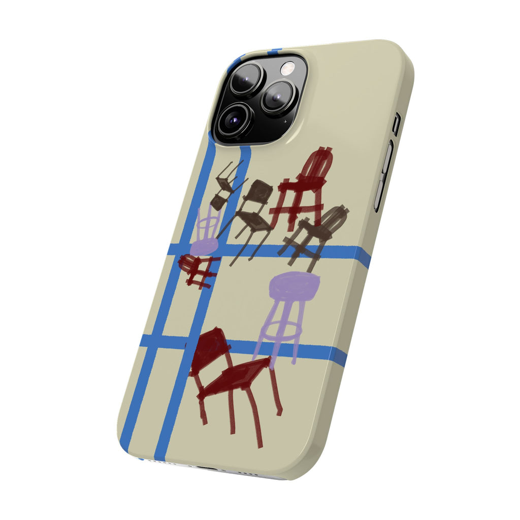 Slim Phone Case — Retro Chairs Pattern on Cream with Blue Grid Backroom-Inspired