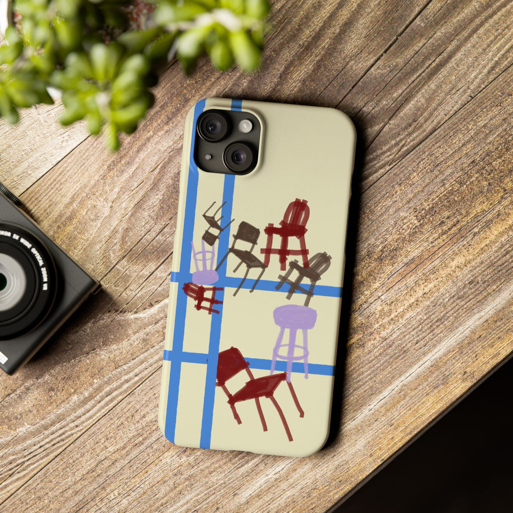 Slim Phone Case — Retro Chairs Pattern on Cream with Blue Grid Backroom-Inspired