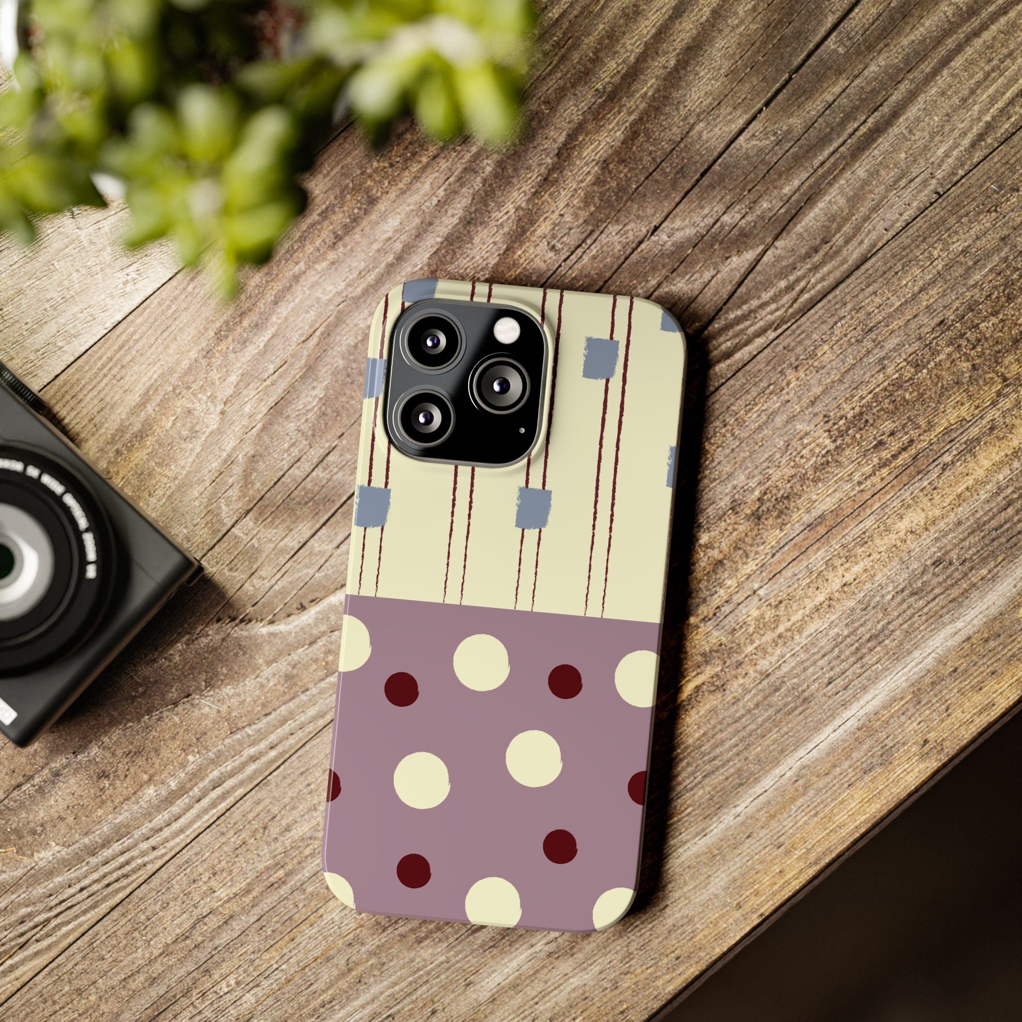 Slim Phone Case — Retro Polka Dot & Stripes Design, Lavender Plum