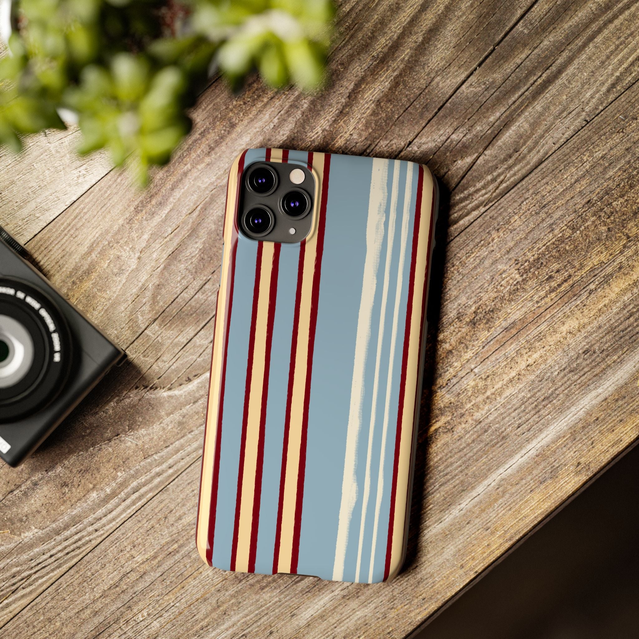 Retro Striped Slim Phone Case — Blue, Cream & Burgundy Vertical Lines