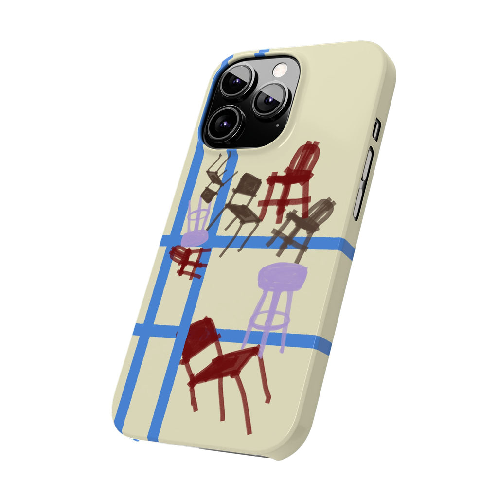Slim Phone Case — Retro Chairs Pattern on Cream with Blue Grid Backroom-Inspired