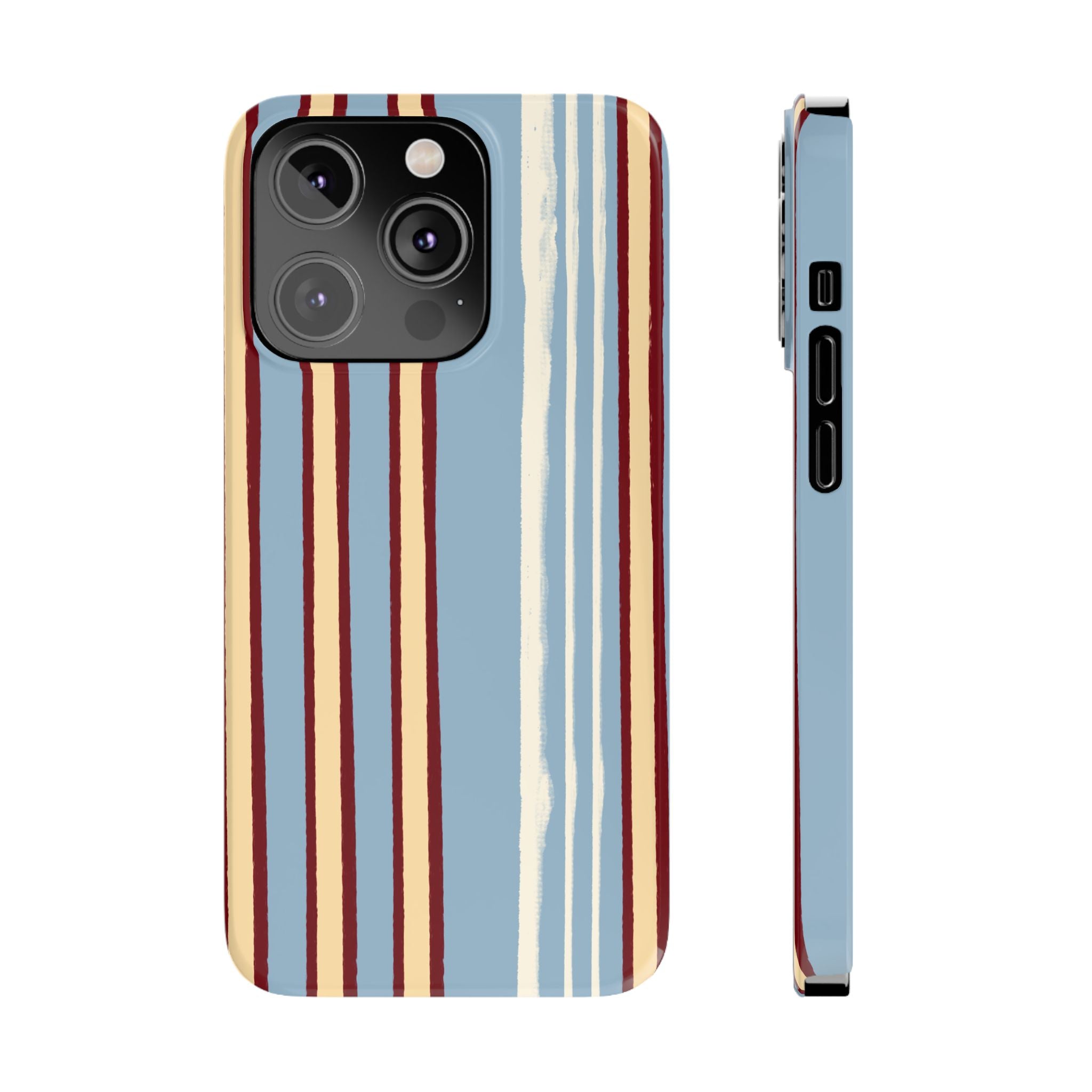 Retro Striped Slim Phone Case — Blue, Cream & Burgundy Vertical Lines
