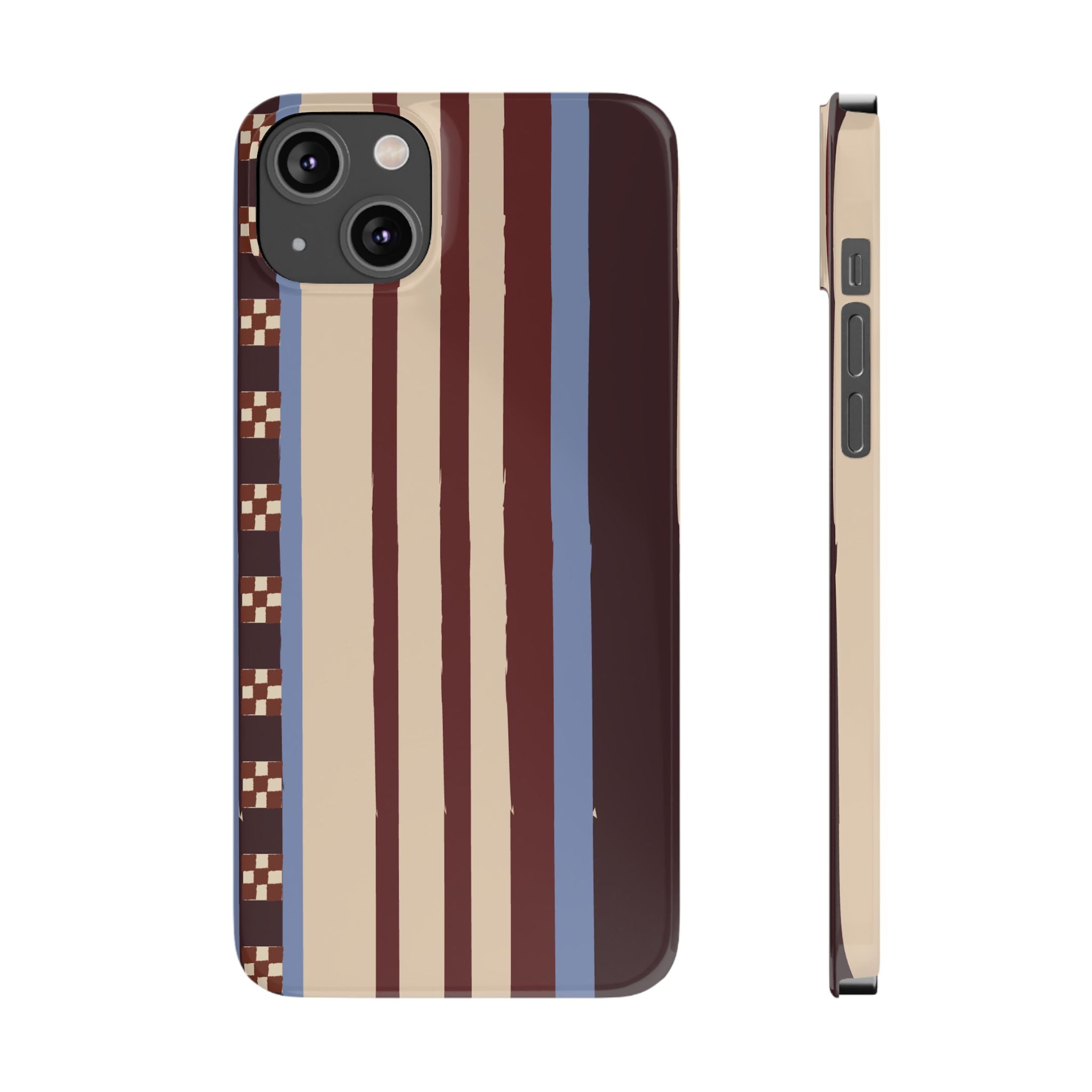 Slim Phone Case — Retro Striped Beige, Maroon & Blue Pattern