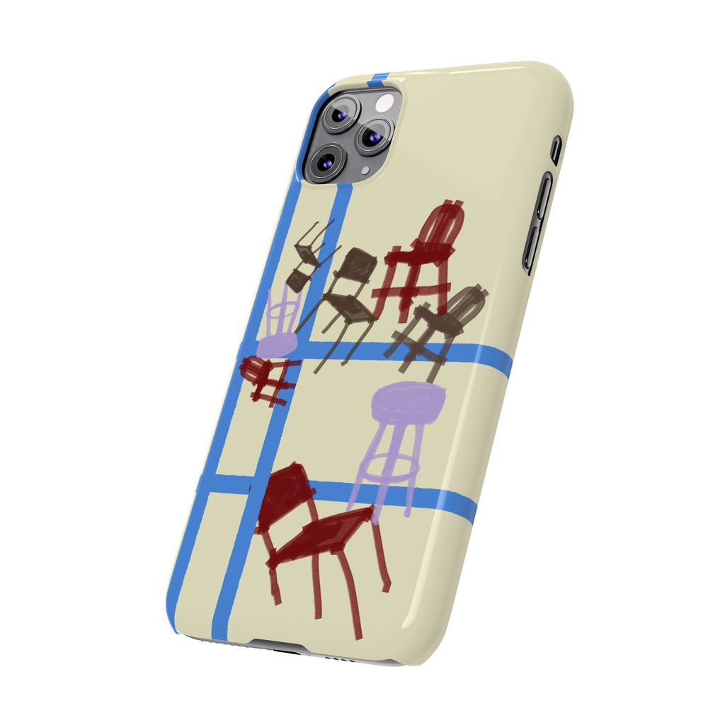 Slim Phone Case — Retro Chairs Pattern on Cream with Blue Grid Backroom-Inspired
