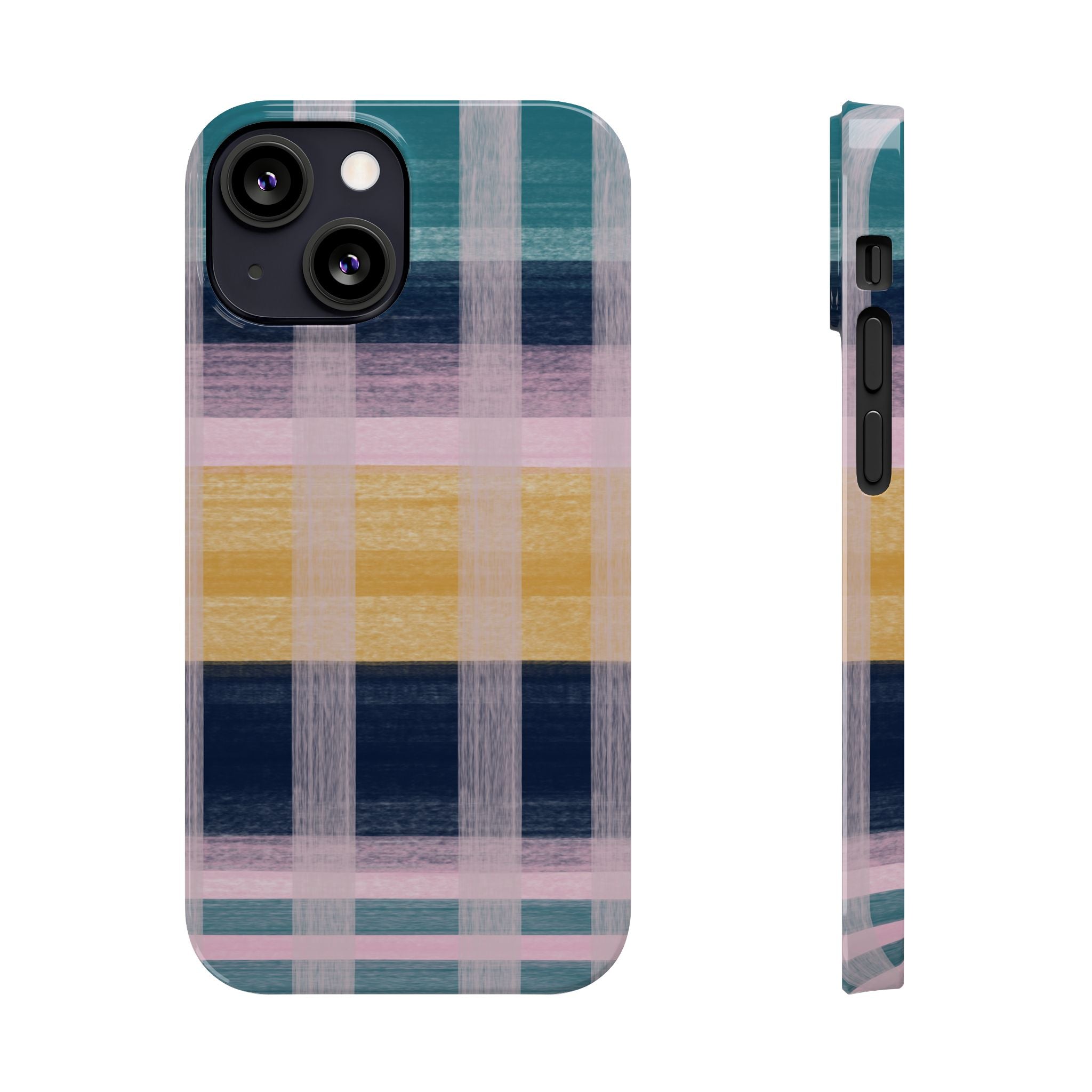 Plaid Brushstroke Slim Phone Case — Pastel Teal, Pink & Yellow Protective Cover SATC Inspired
