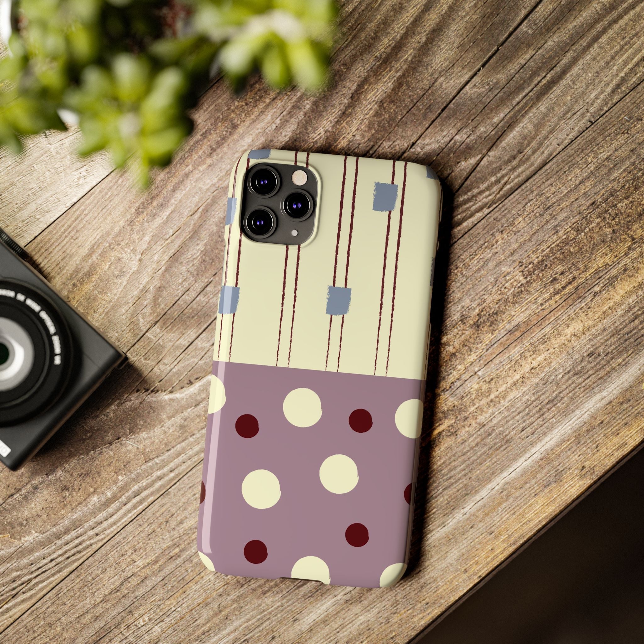 Slim Phone Case — Retro Polka Dot & Stripes Design, Lavender Plum