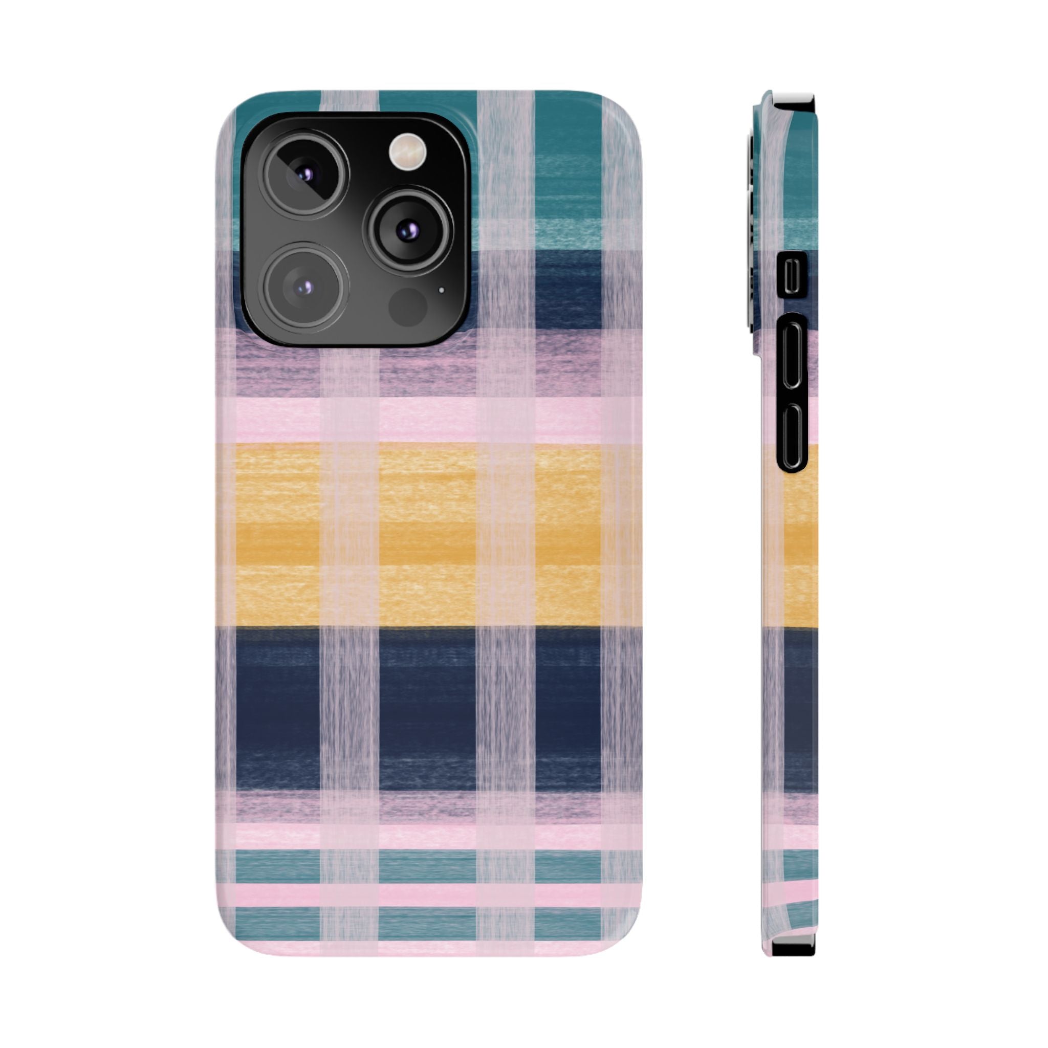Plaid Brushstroke Slim Phone Case — Pastel Teal, Pink & Yellow Protective Cover SATC Inspired