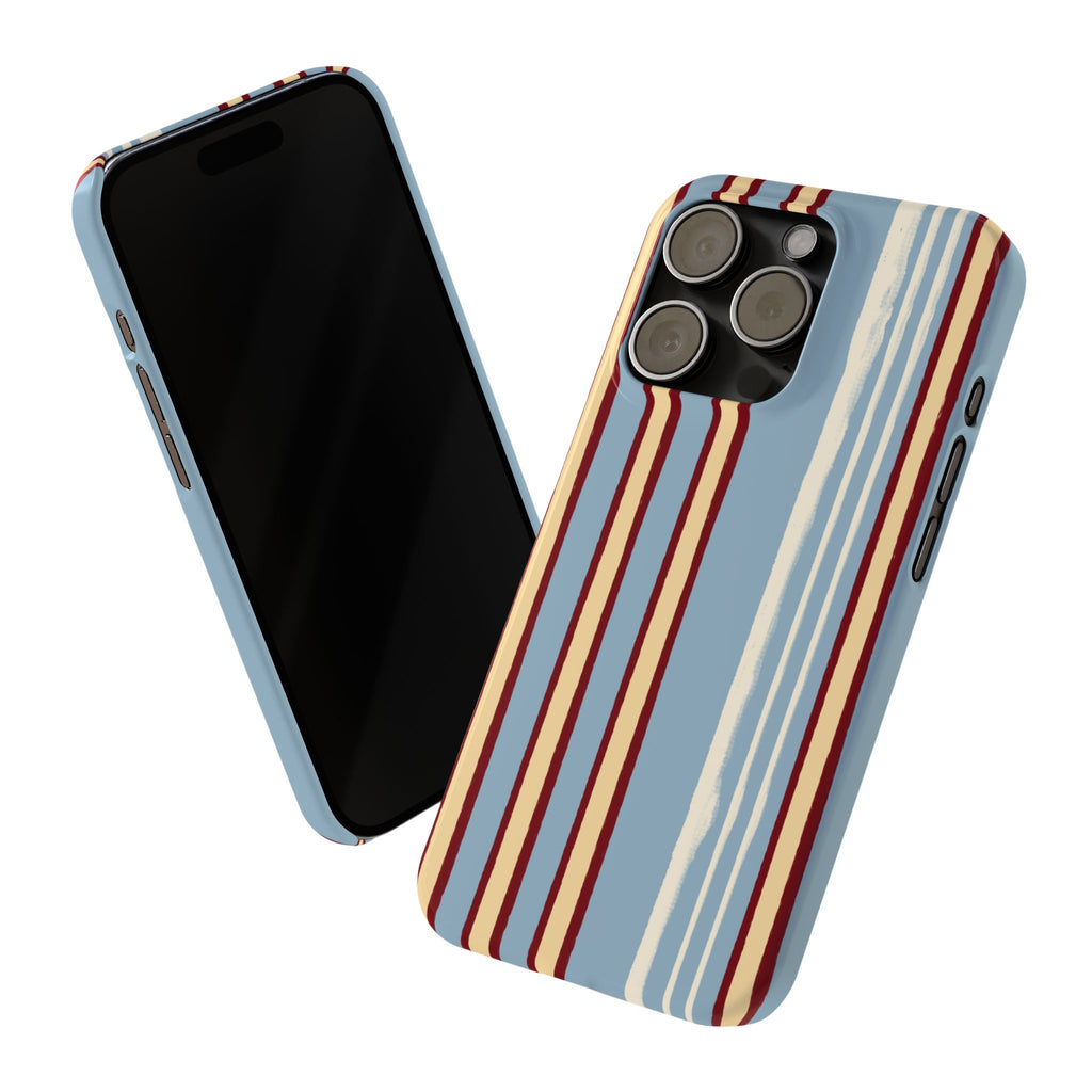 Retro Striped Slim Phone Case — Blue, Cream & Burgundy Vertical Lines