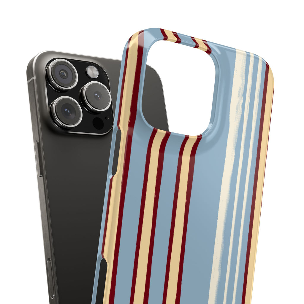Retro Striped Slim Phone Case — Blue, Cream & Burgundy Vertical Lines