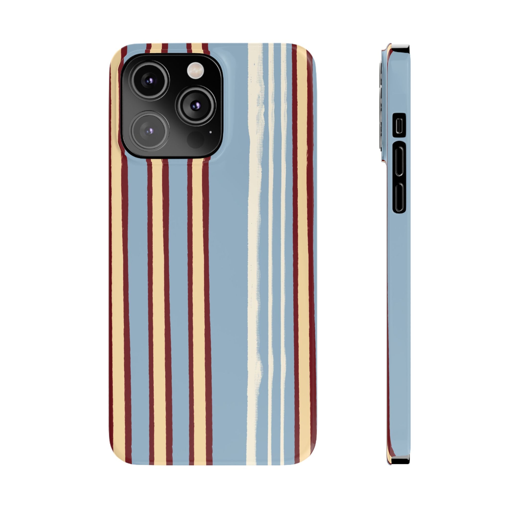 Retro Striped Slim Phone Case — Blue, Cream & Burgundy Vertical Lines