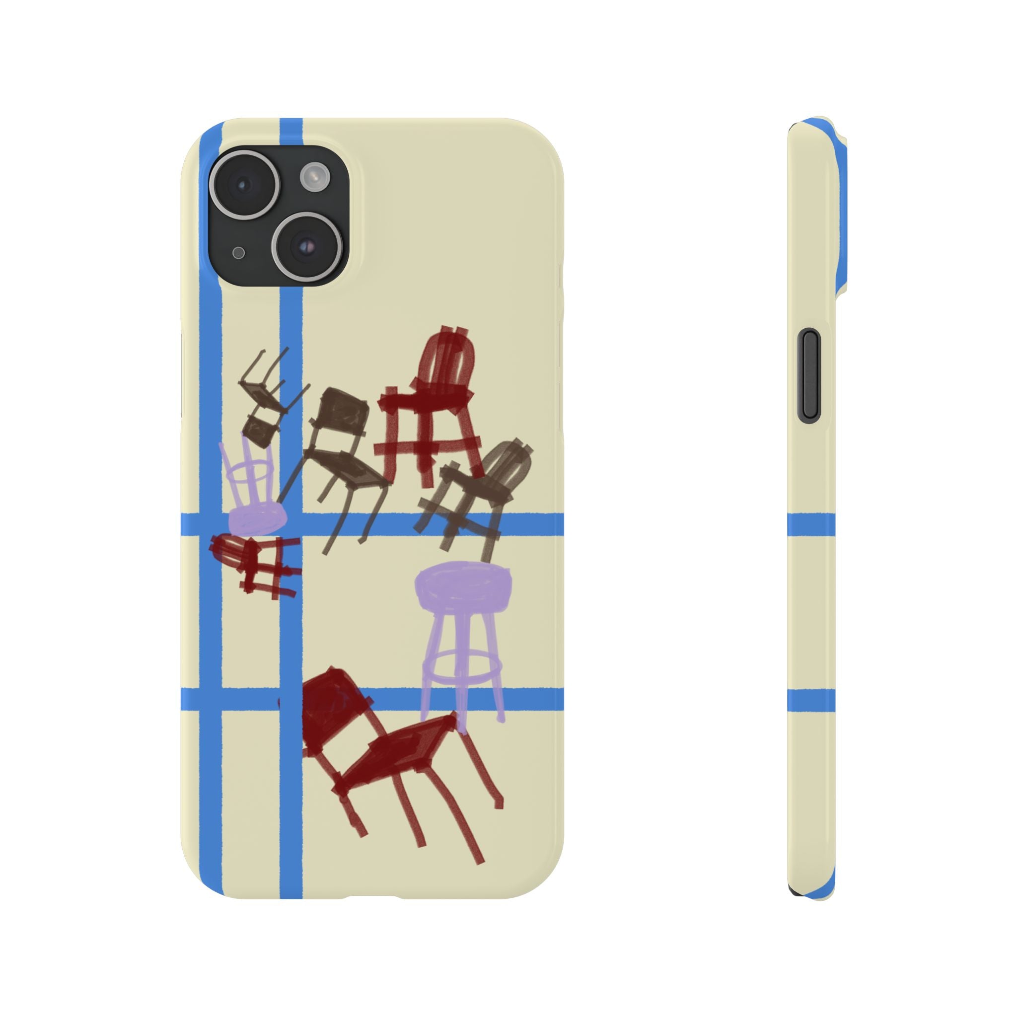 Slim Phone Case — Retro Chairs Pattern on Cream with Blue Grid Backroom-Inspired