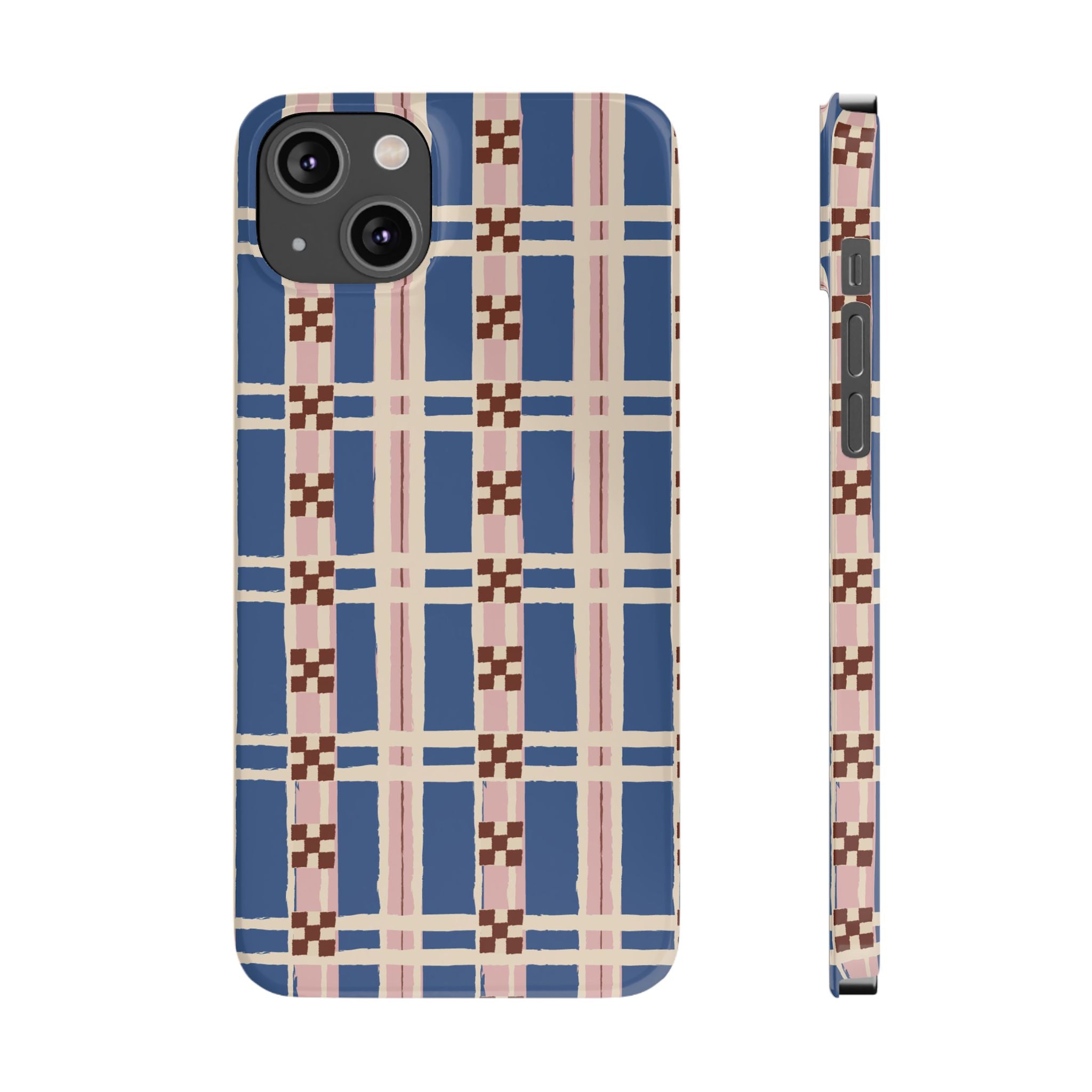 Slim Phone Case — Blue & Pink Retro Plaid Pattern