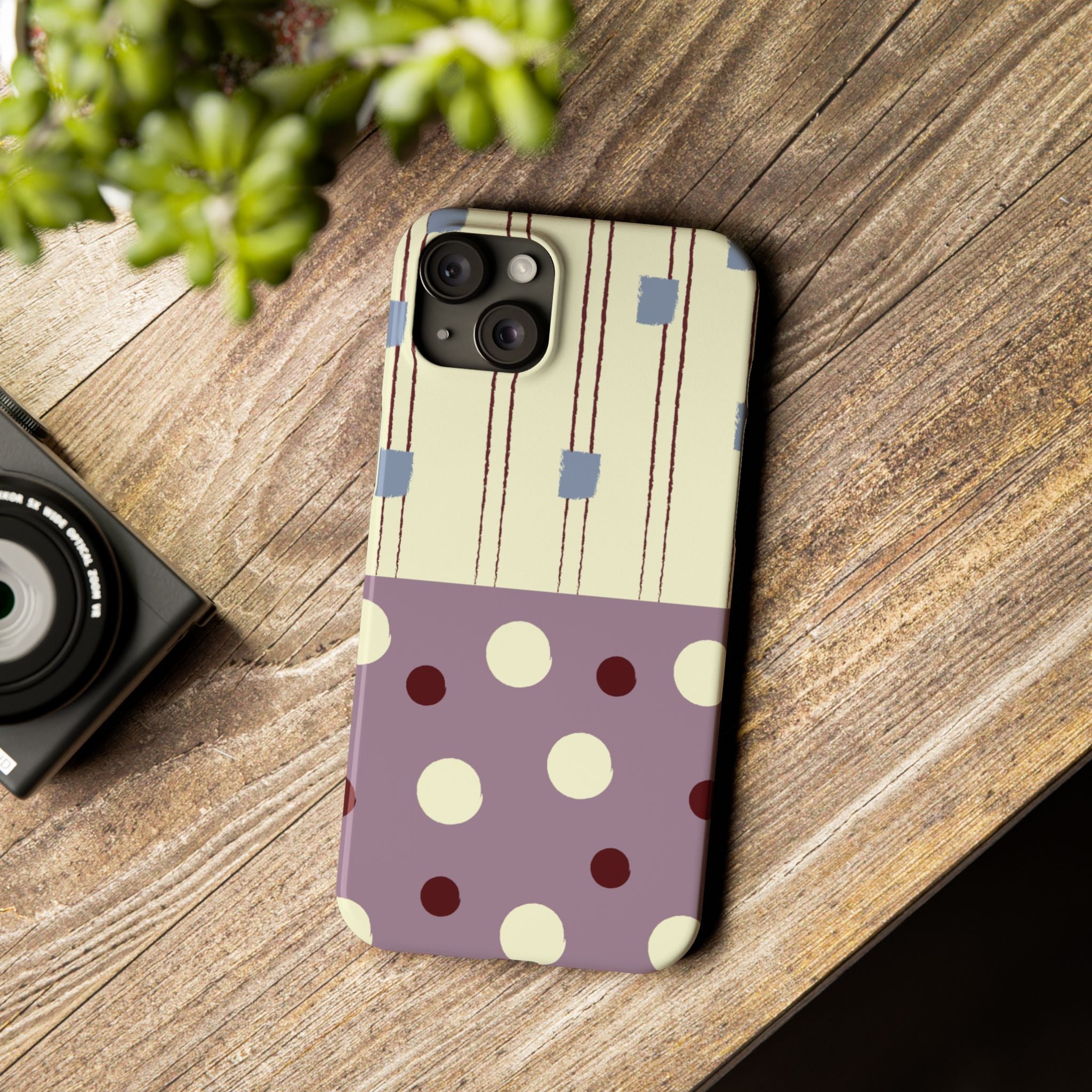 Slim Phone Case — Retro Polka Dot & Stripes Design, Lavender Plum