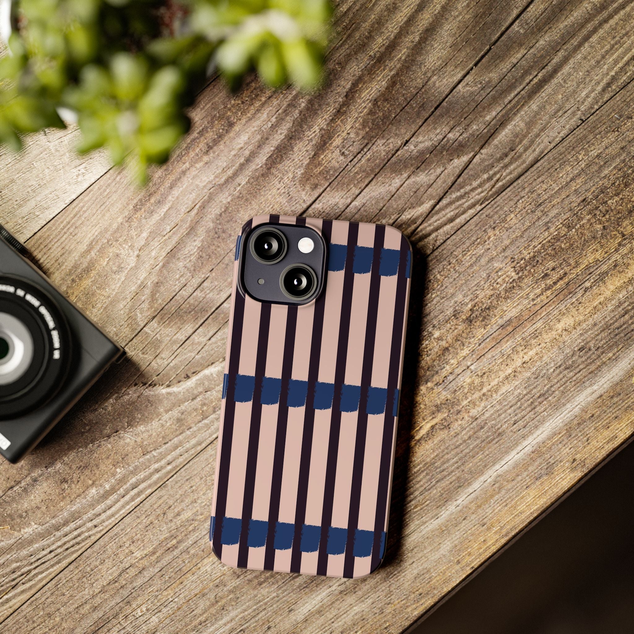 Slim Phone Case — Minimalist Blush & Navy Stripe Pattern