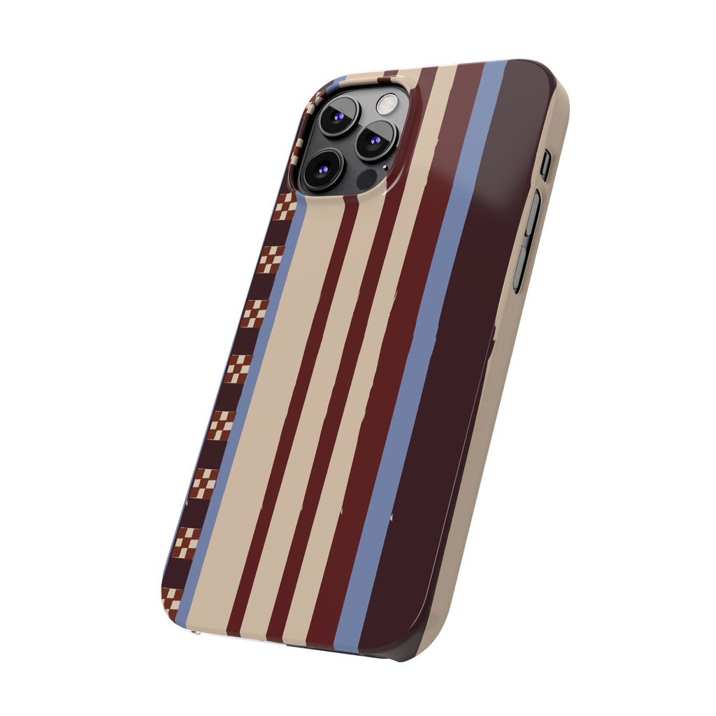 Slim Phone Case — Retro Striped Beige, Maroon & Blue Pattern