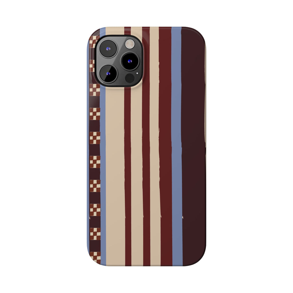 Slim Phone Case — Retro Striped Beige, Maroon & Blue Pattern
