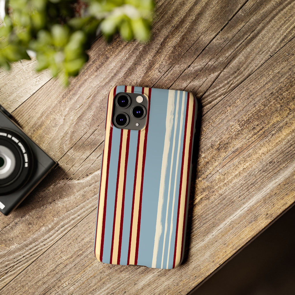 Retro Striped Slim Phone Case — Blue, Cream & Burgundy Vertical Lines