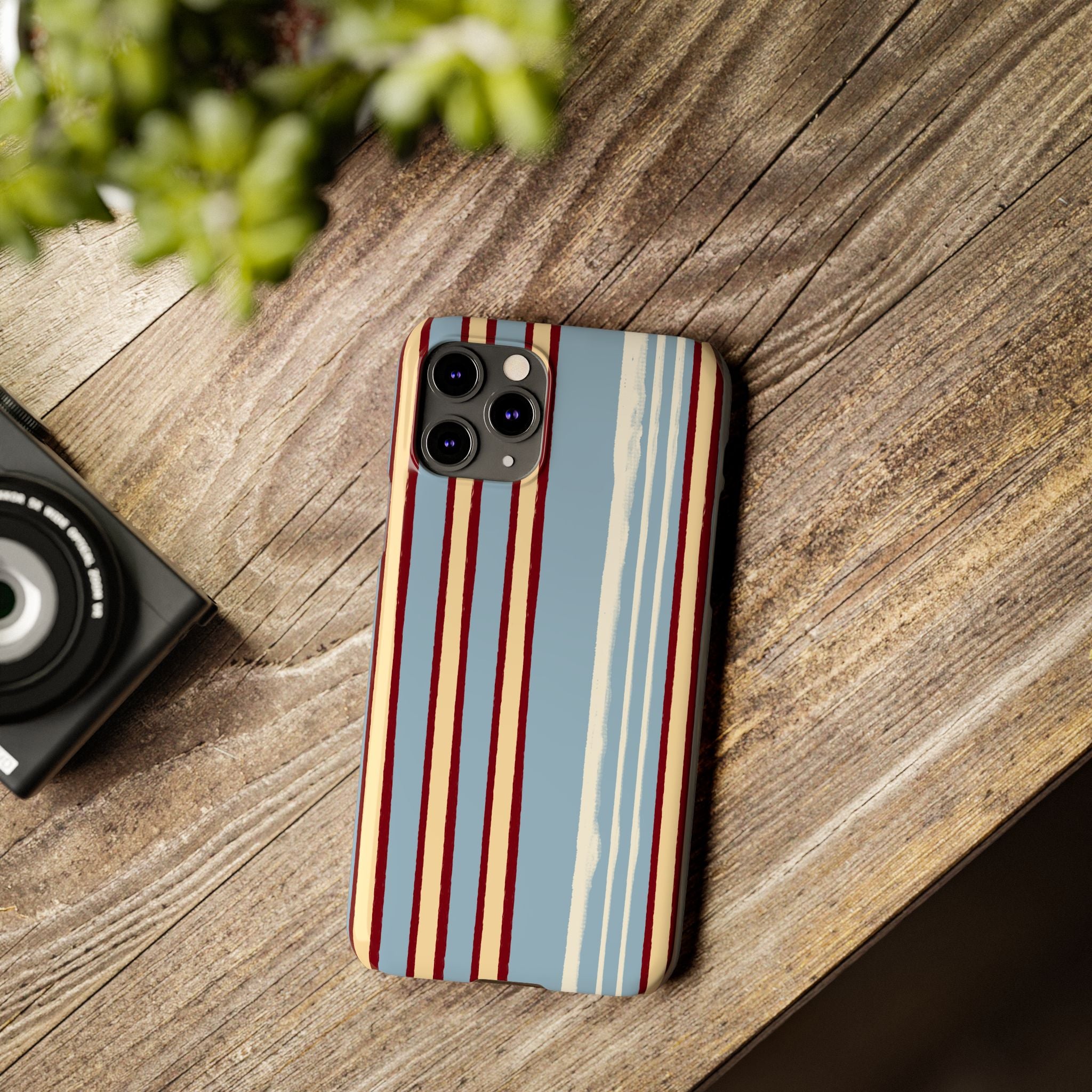 Retro Striped Slim Phone Case — Blue, Cream & Burgundy Vertical Lines