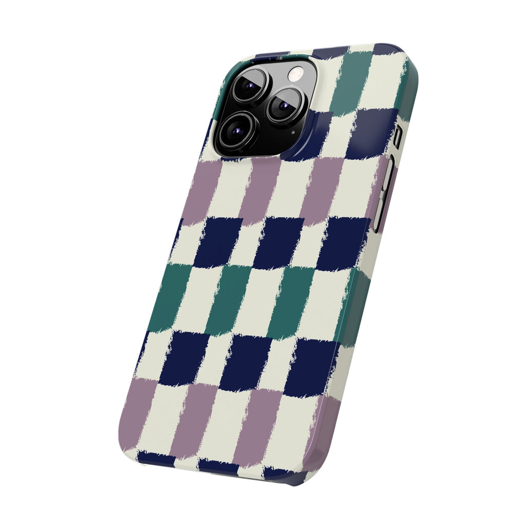 Painterly Check Slim Phone Case — Hand-Painted Navy, Teal & Lavender Grid