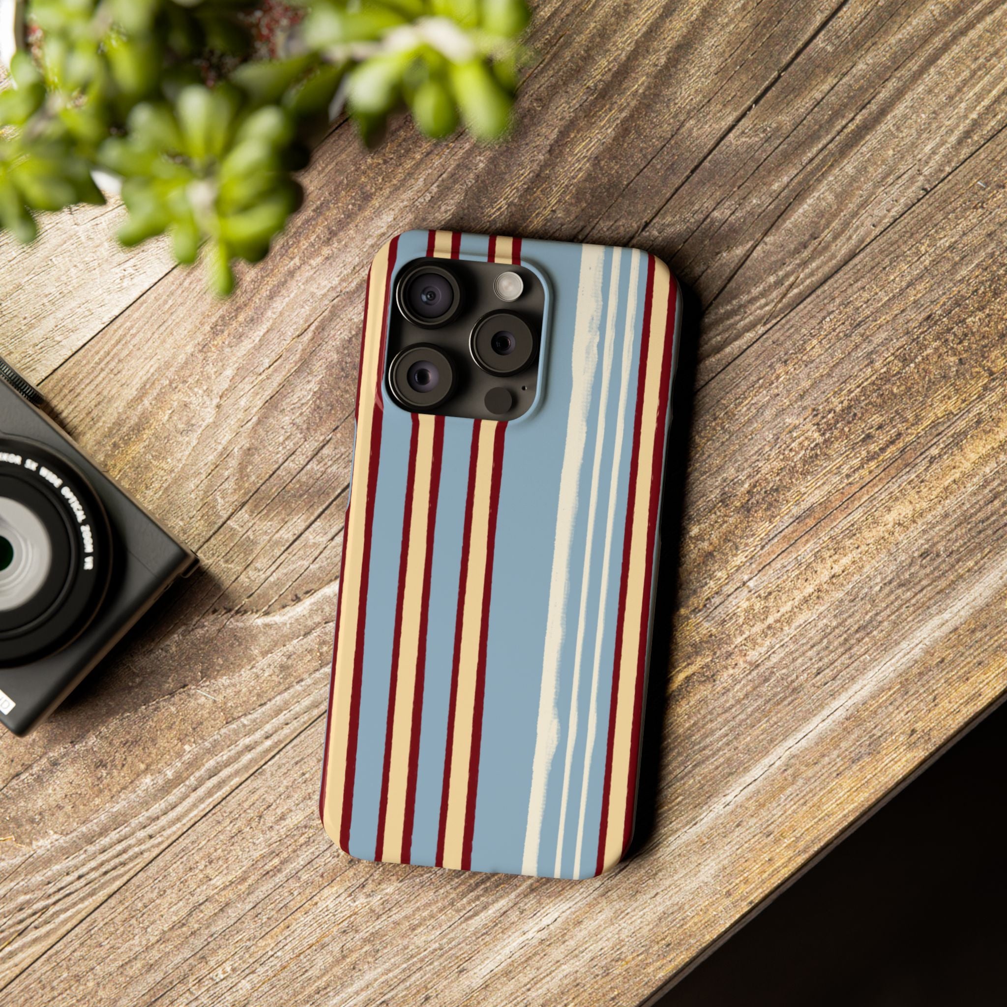 Retro Striped Slim Phone Case — Blue, Cream & Burgundy Vertical Lines