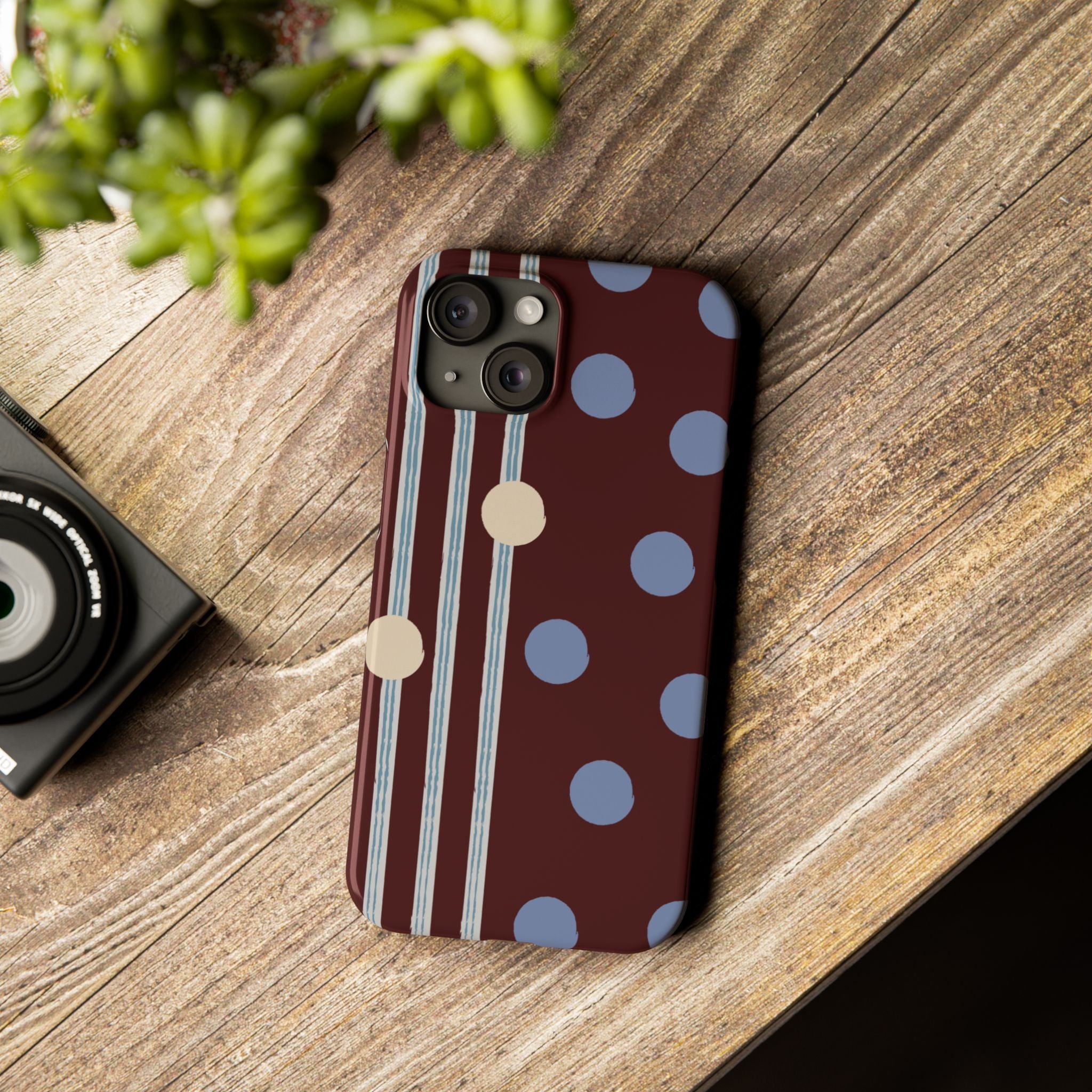Polka Dot & Stripe Slim Phone Case — Burgundy Blue Retro Pattern