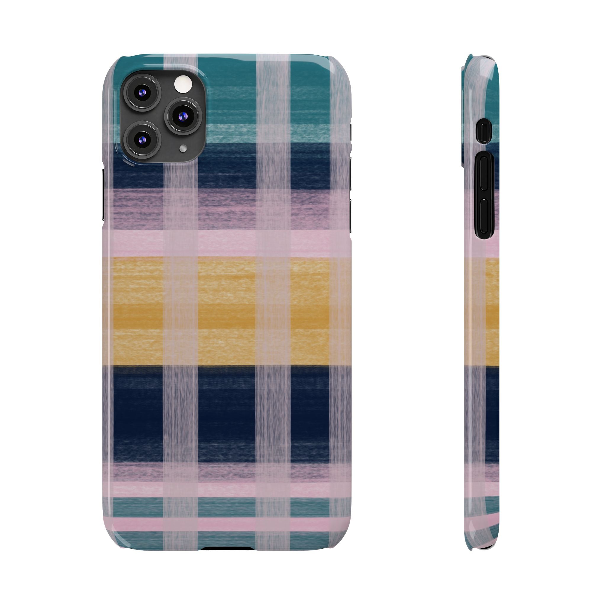 Plaid Brushstroke Slim Phone Case — Pastel Teal, Pink & Yellow Protective Cover SATC Inspired