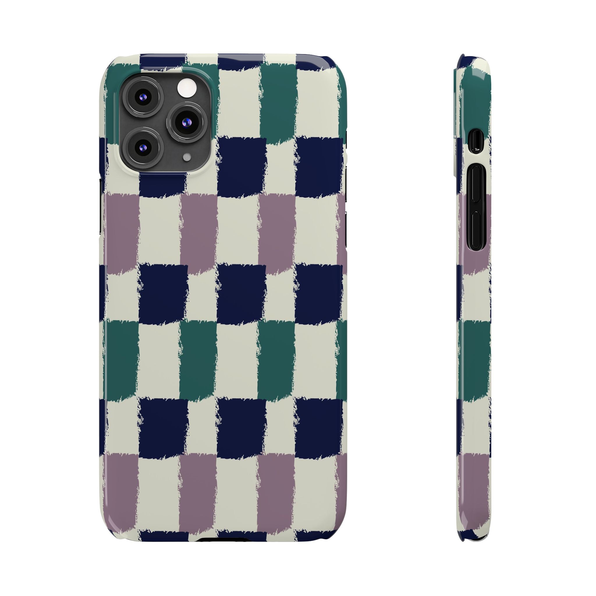 Painterly Check Slim Phone Case — Hand-Painted Navy, Teal & Lavender Grid