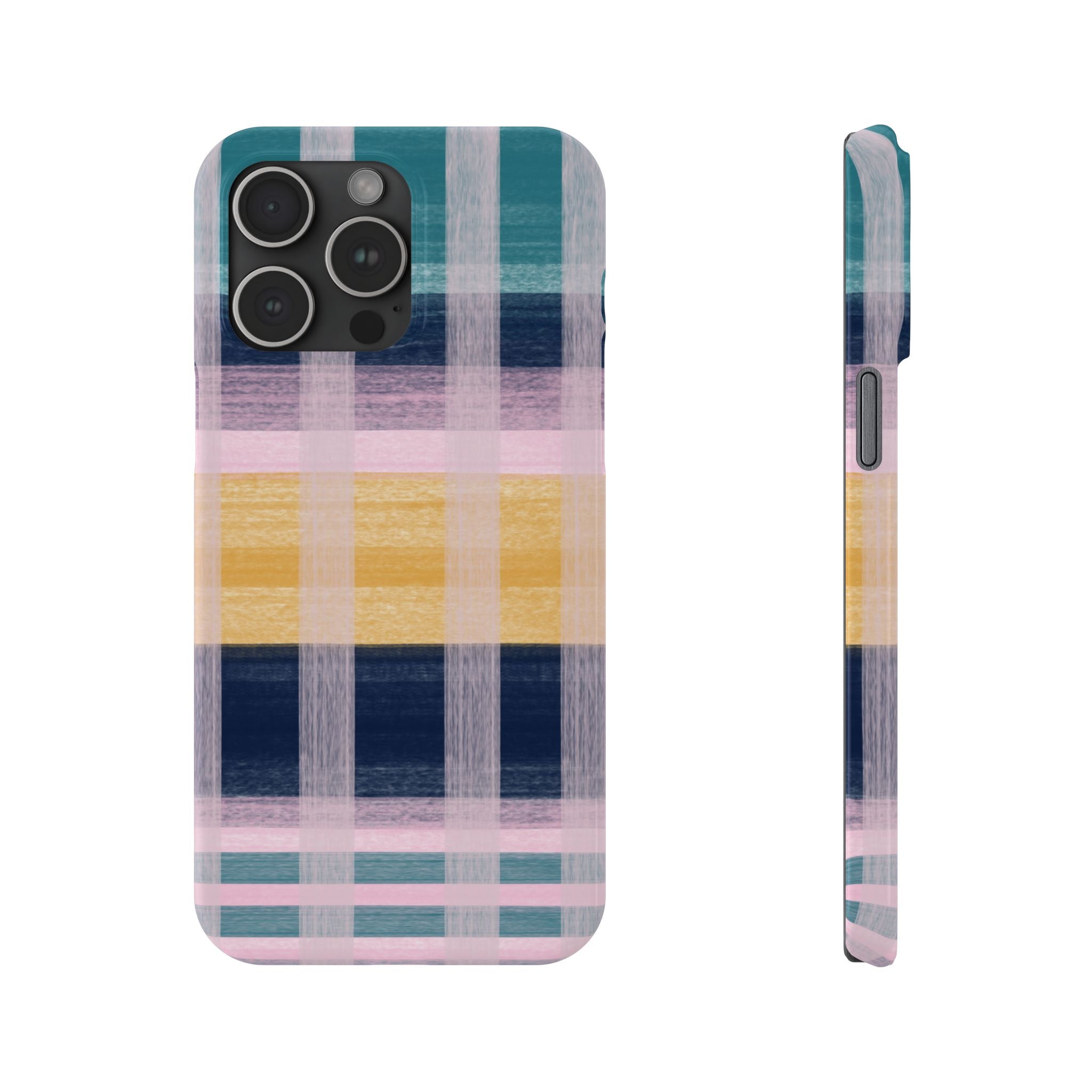 Plaid Brushstroke Slim Phone Case — Pastel Teal, Pink & Yellow Protective Cover SATC Inspired