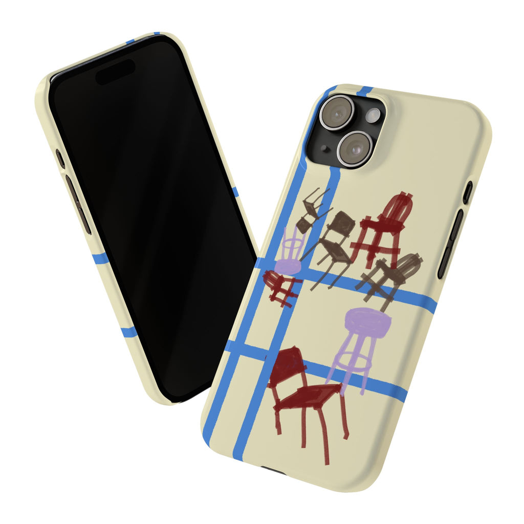 Slim Phone Case — Retro Chairs Pattern on Cream with Blue Grid Backroom-Inspired