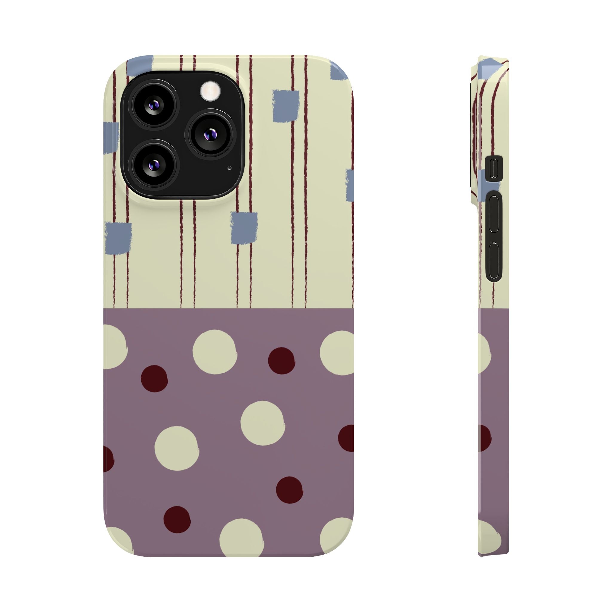 Slim Phone Case — Retro Polka Dot & Stripes Design, Lavender Plum