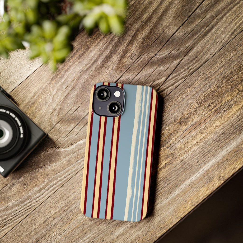 Retro Striped Slim Phone Case — Blue, Cream & Burgundy Vertical Lines