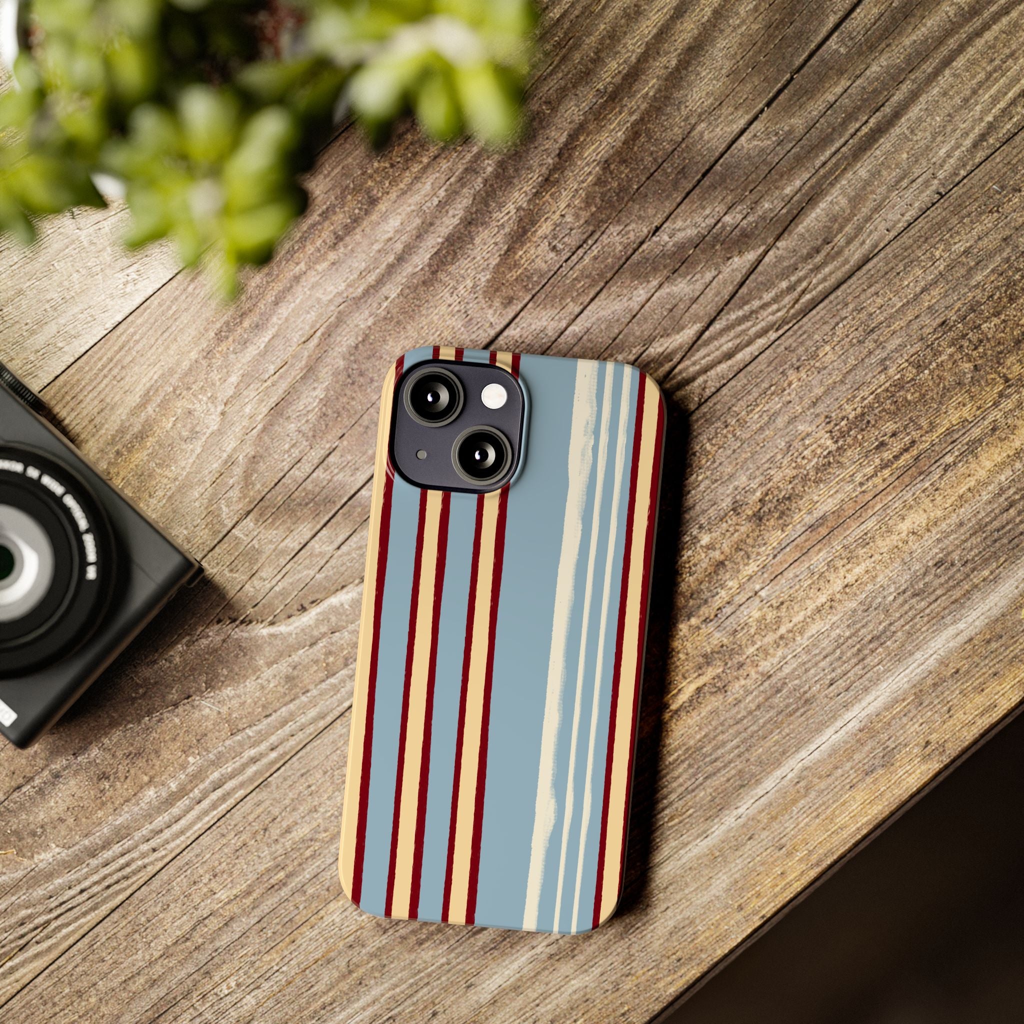 Retro Striped Slim Phone Case — Blue, Cream & Burgundy Vertical Lines