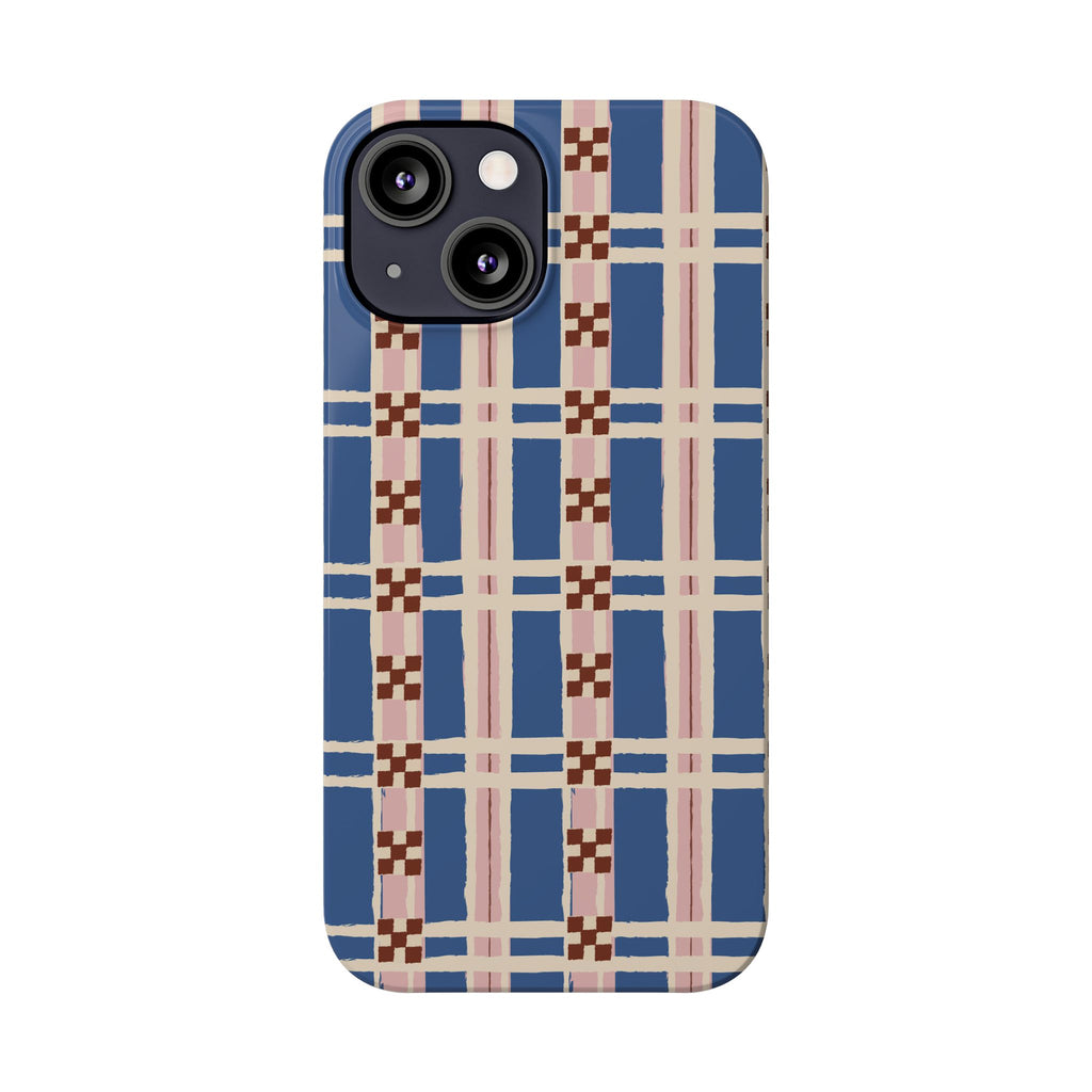 Slim Phone Case — Blue & Pink Retro Plaid Pattern