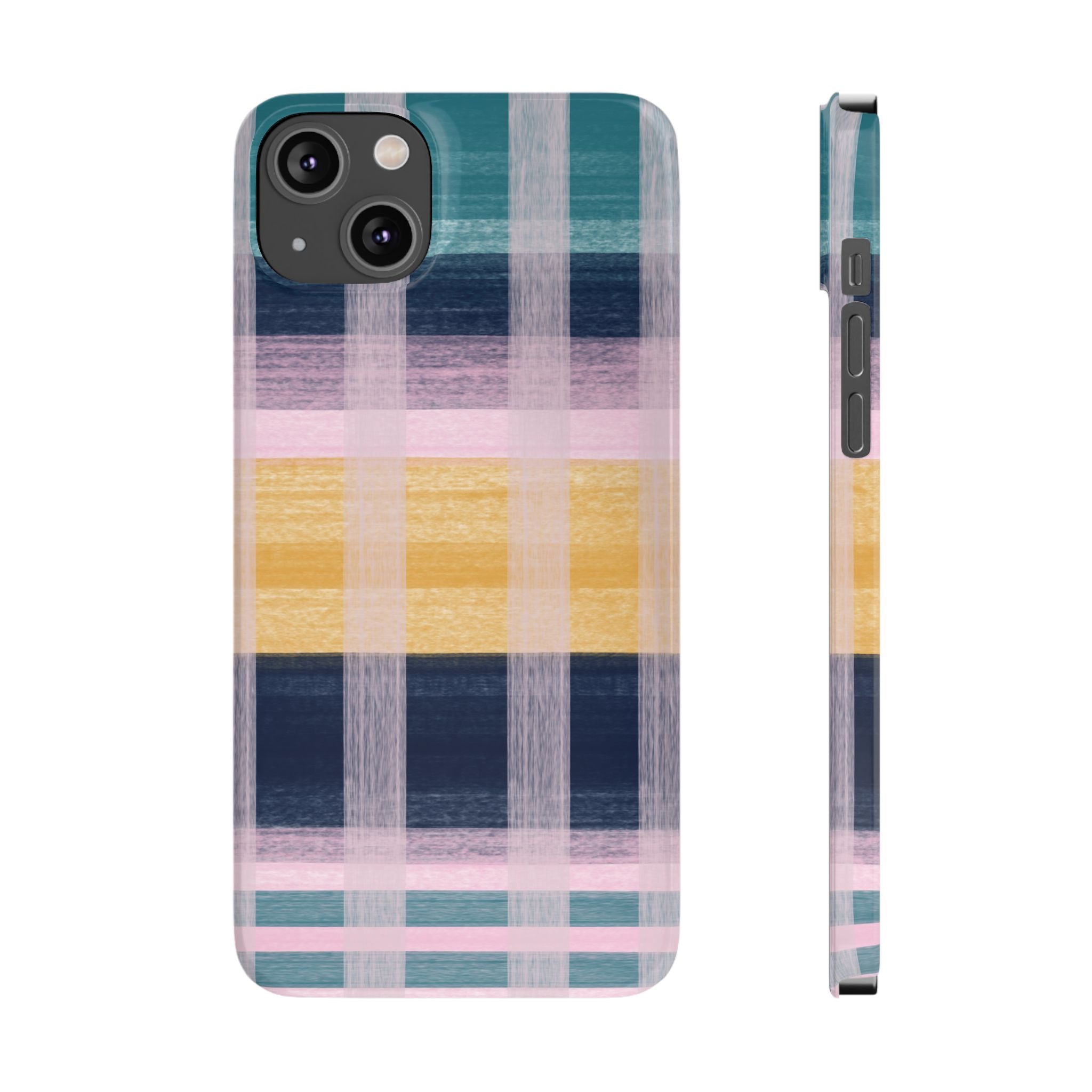 Plaid Brushstroke Slim Phone Case — Pastel Teal, Pink & Yellow Protective Cover SATC Inspired