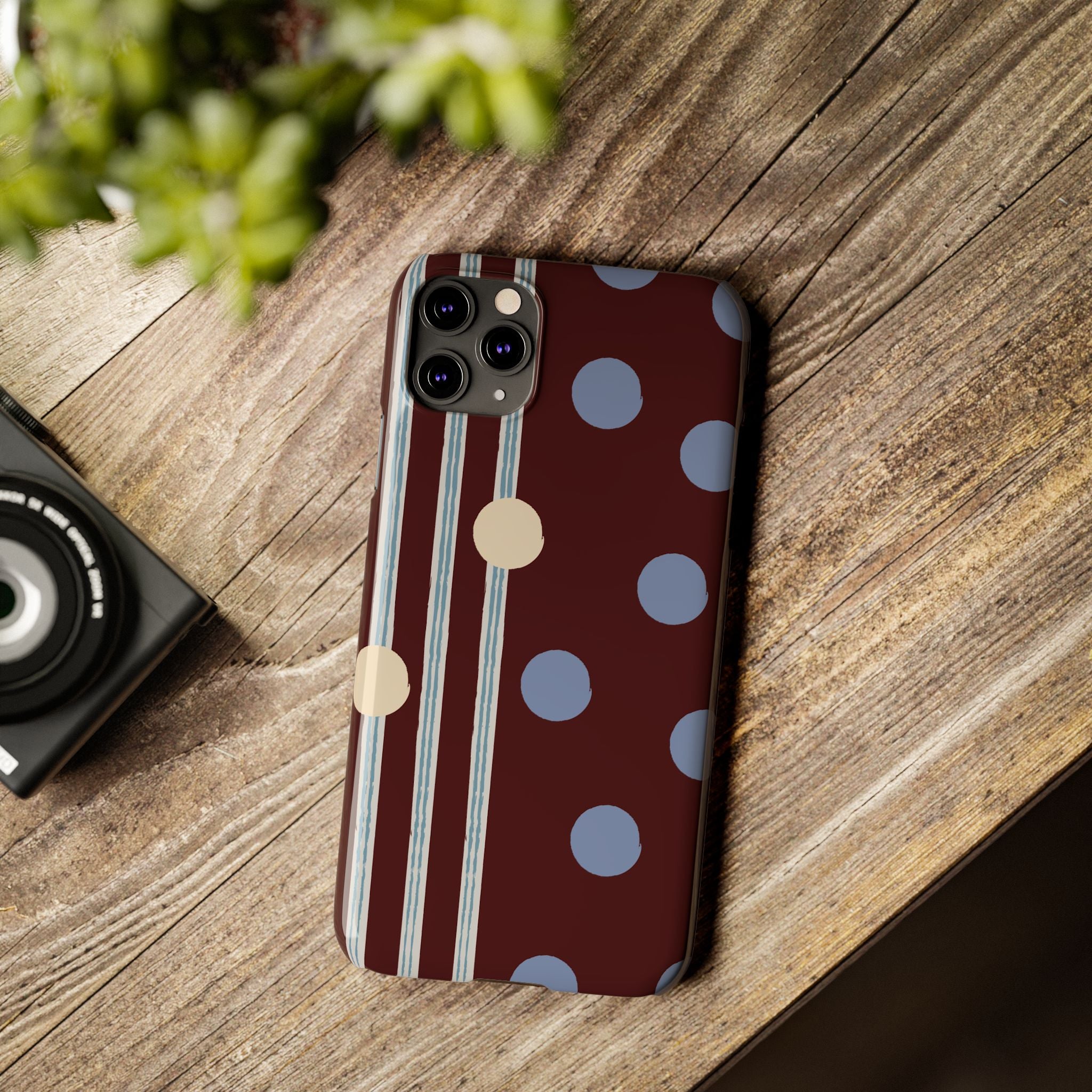 Polka Dot & Stripe Slim Phone Case — Burgundy Blue Retro Pattern