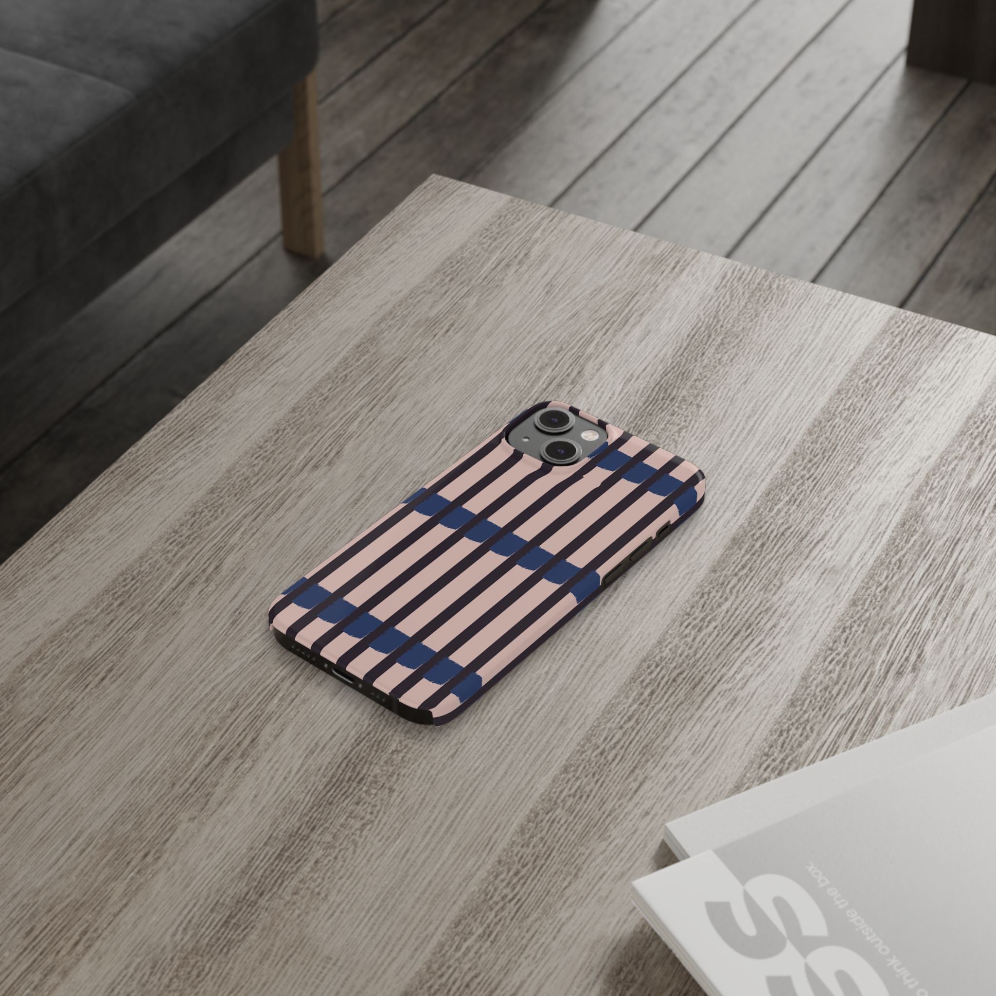 Slim Phone Case — Minimalist Blush & Navy Stripe Pattern