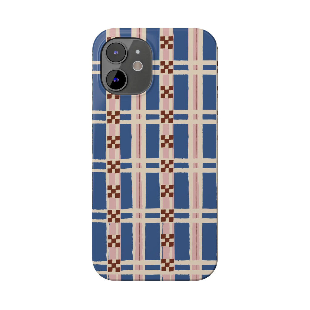 Slim Phone Case — Blue & Pink Retro Plaid Pattern