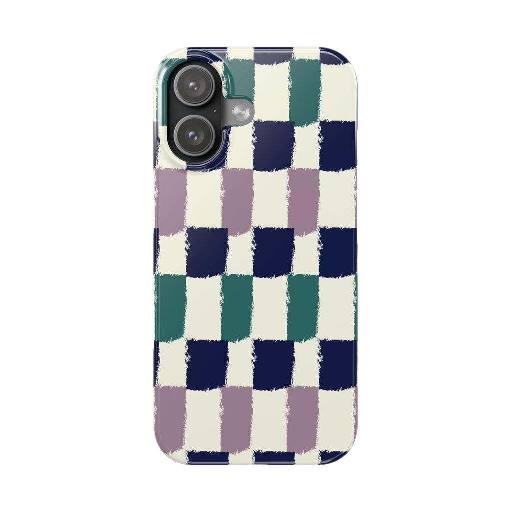 Painterly Check Slim Phone Case — Hand-Painted Navy, Teal & Lavender Grid